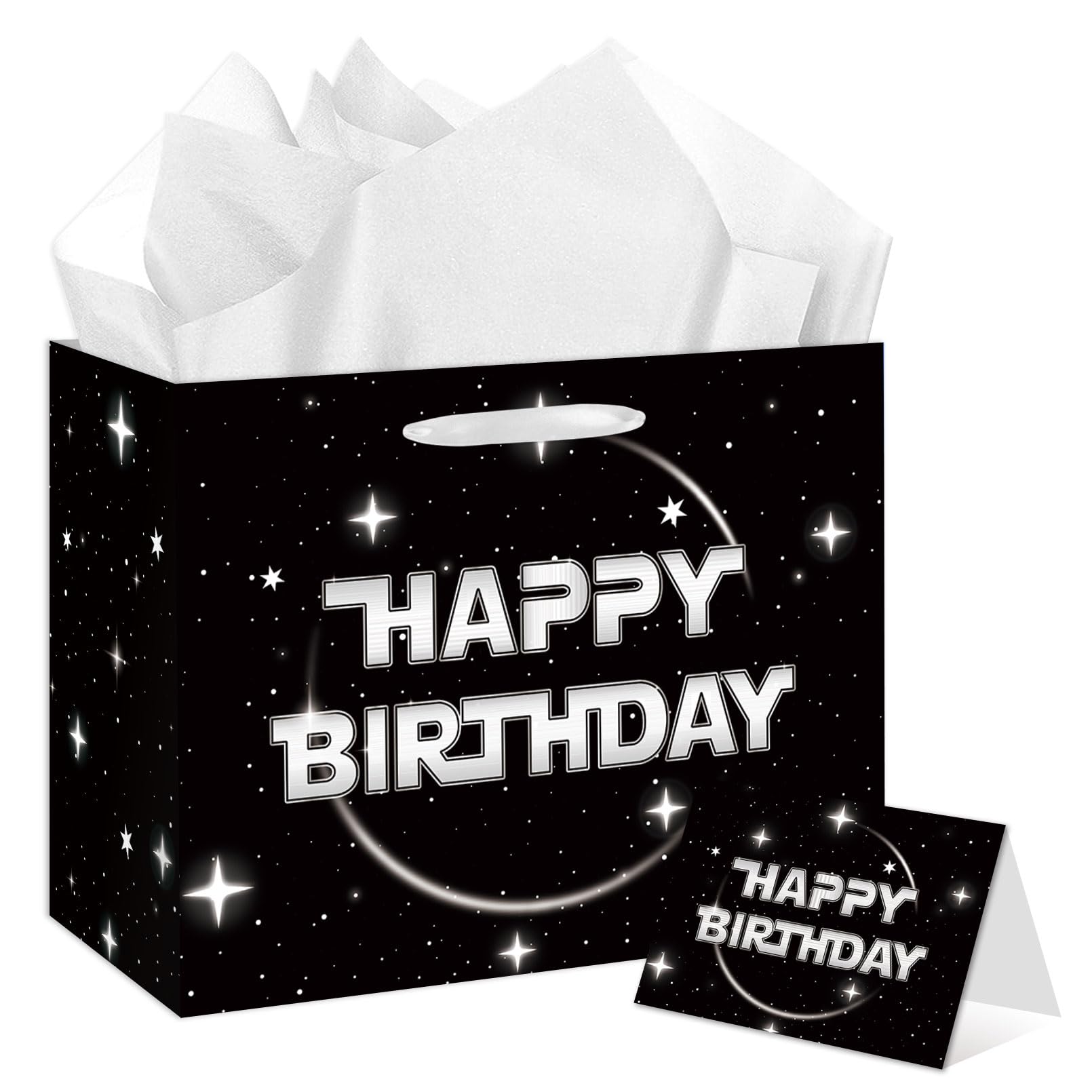 Anyangzhao Space Galaxy Birthday Gift Bag, Black Happy Birthday Gift Bag, with Greeting Card and Tissue Paper, Galaxy Party Favors Bag for Kids, Boys, Baby Shower, Star Theme Party Supplies