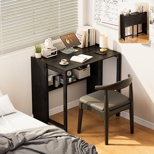 Miniatura 8 de Escritorio Plegable de Bambú Escritorio Moderno de Mediados de Siglo para Oficina en Casa Dormitorio Espacios Pequeños, Marrón