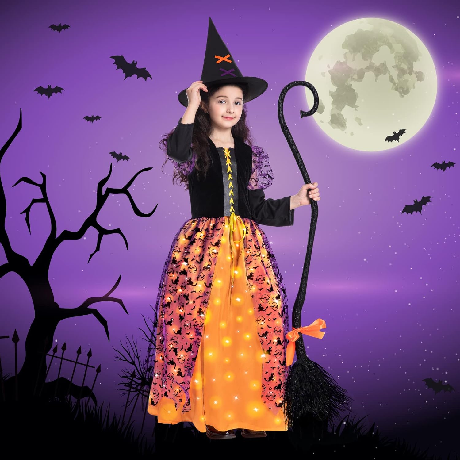 Poshetion Witch Halloween Costume for Girls, Light Up Witch Dress Deluxe Outfit with Hat and Broom, for Halloween Party - Image 7