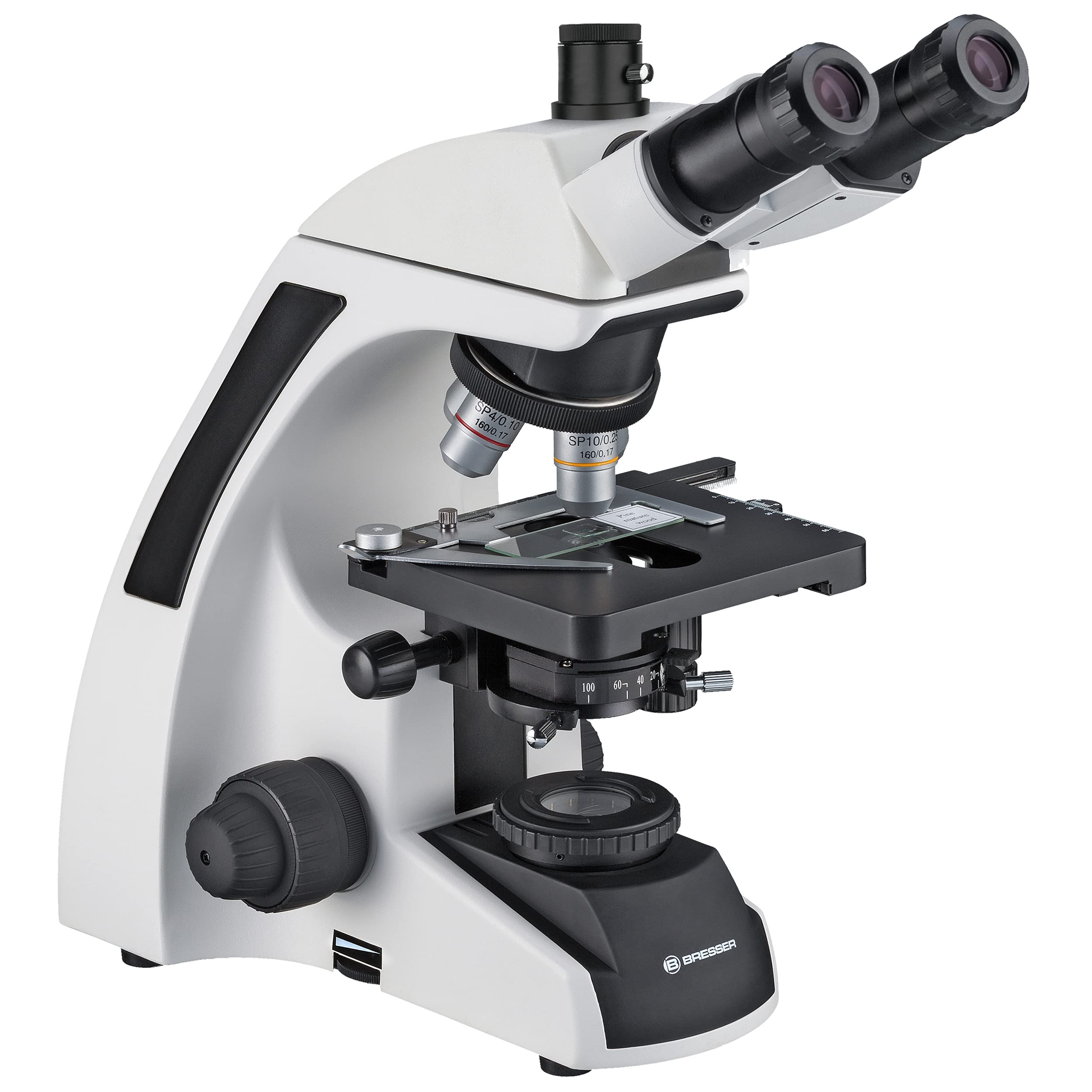 Bresser trinokulares Durchlicht Mikroskop Science TFM-301 Trino 40-1000x Vergrößerung, mit Köhlerscher Beleuchtung, koaxialem Kreuztisch, c-Mount Anschluss und sehr heller 3W LED-Beleuchtung | Köhlersche Beleuchtung, Trinokulartubus mit C Mount, Kreuztisc