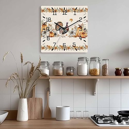 Miniatura 9 de Fall Turkey Wooden Wall Clock Silent Non Ticking, Thanksgiving Botanical Country Pumpkins Square Wall Clock Battery Operated, Decor Clock for Home