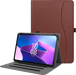 HGWALP Universal Case for 9inch-10.5inch Tablet,Multi-Viewing Angels PU Leather Stand Folio Case Cover with Handstrap for 9" 10.1" 10.5"Touchscreen Tablet, with Adjustable Fixing Silicon Band-Brown