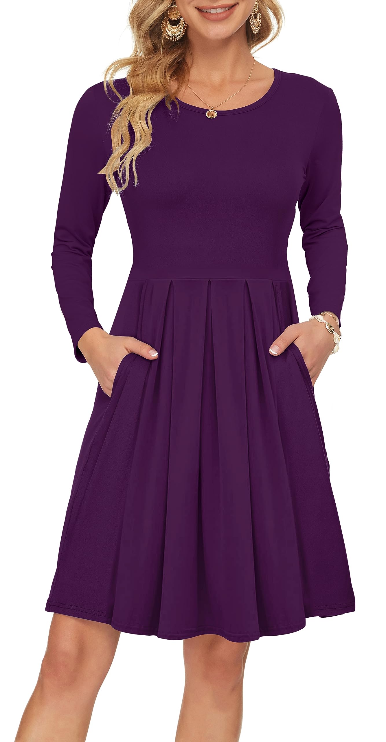 Auselily Women's Purple Long Sleeve Pleated Loose Swing Casual Dress With Pockets Knee Length Xxl