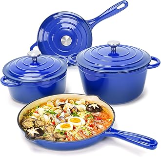 Hisencn Enameled Cast Iron Cookware Set - 7 Piece Set of Dutch Ovens, Sauce Pan, Skillet, 3 Lids, Dutch Oven Set, Ceramic Coated Cast Iron, Heavy Duty, Gas/Induction Compatible, PFA Free, Cobalt Blue