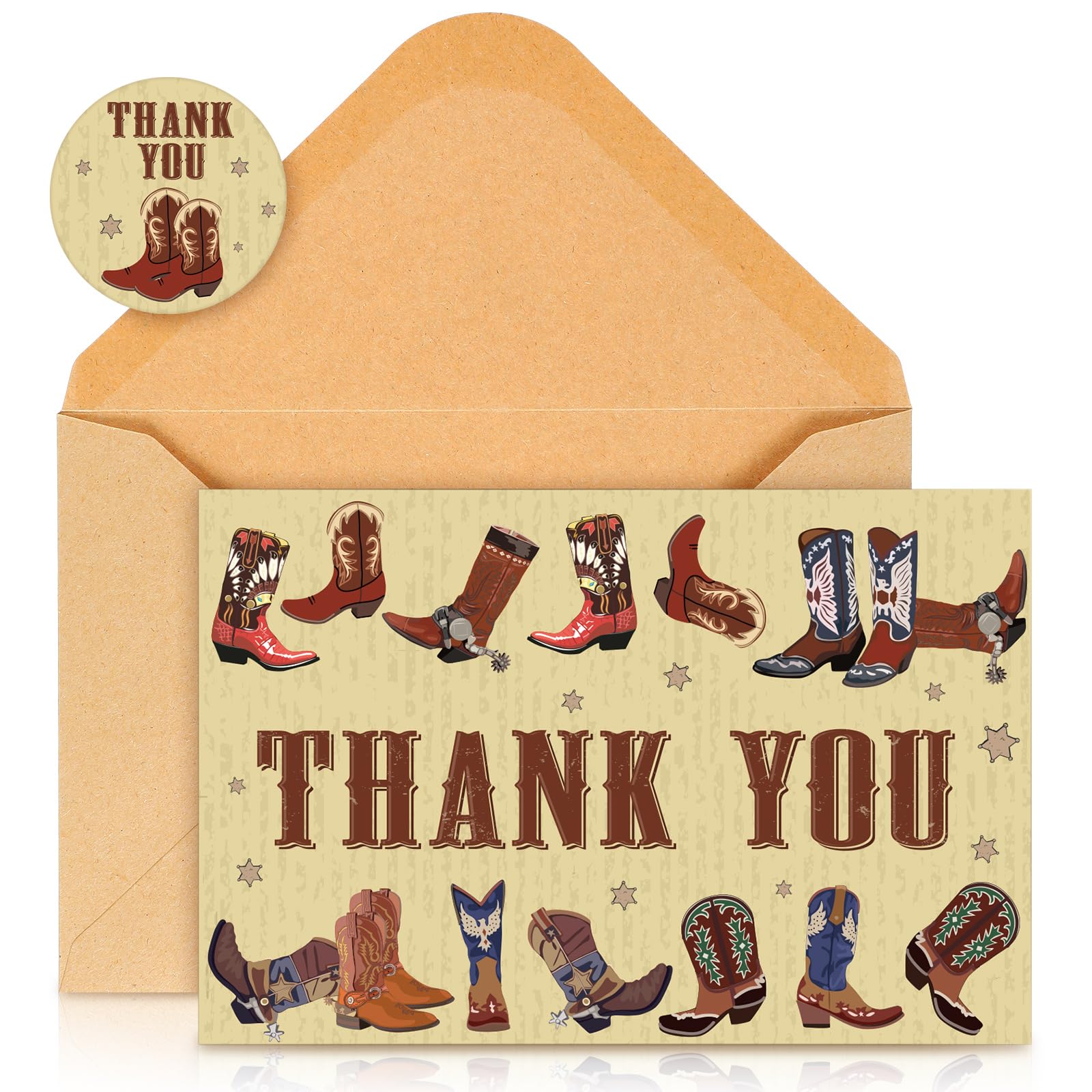 Motiskyy 36 Pcs Western Thank You Cards with Envelopes and Stickers, 4 x 6 Inch Cowboy Boots Greeting Cards for Western Theme Birthday Wedding Baby
