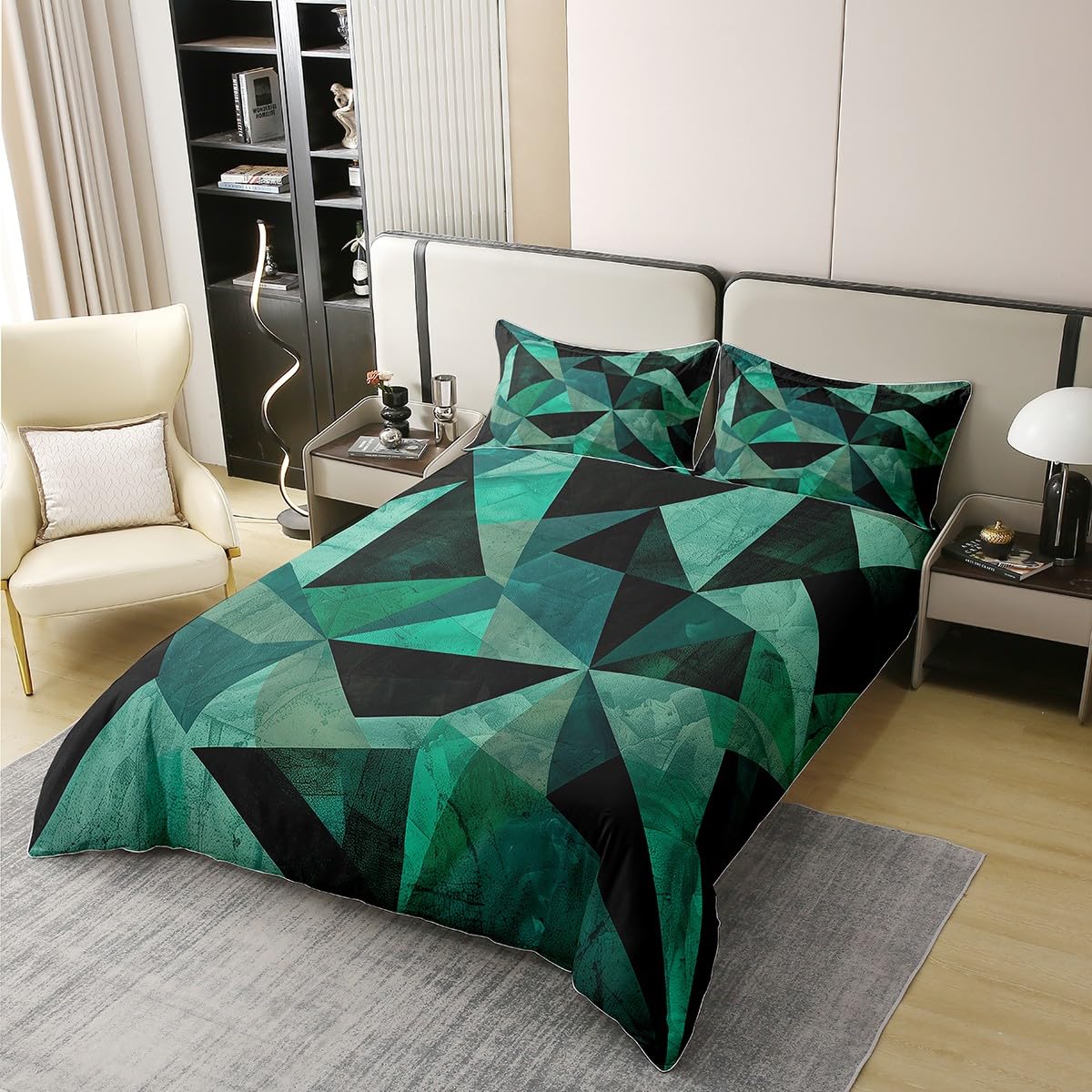 3D Geometry Full Size Cotton Duvet Cover,Abstract Triangles Girds Splicing Quilt Cover(No Filler),Aesthetic Green Modern Minimalist Comforter Cover for Kids Adults Bedroom