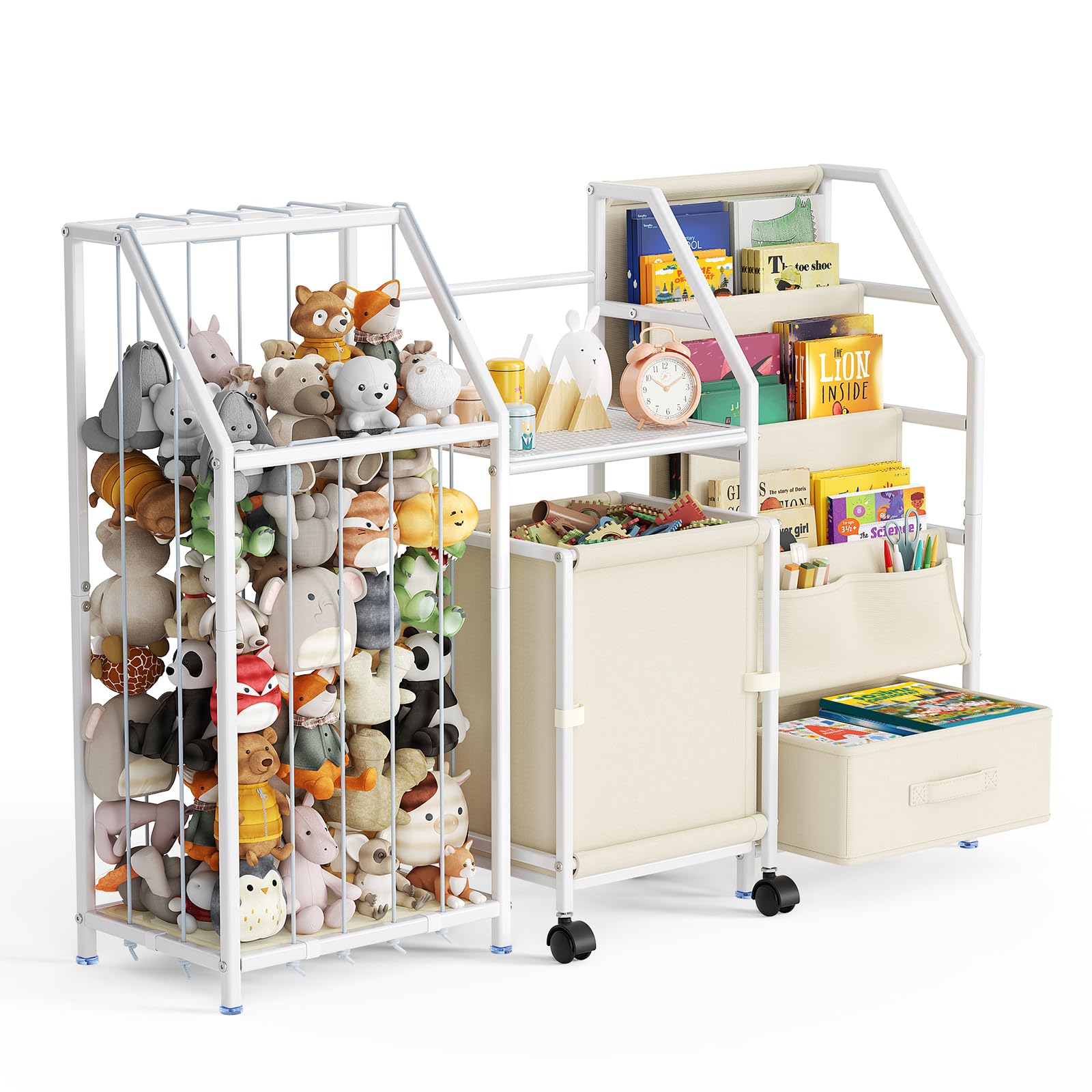 Libreria per bambini con ruote e cassetto, scaffale giocattolo con 4