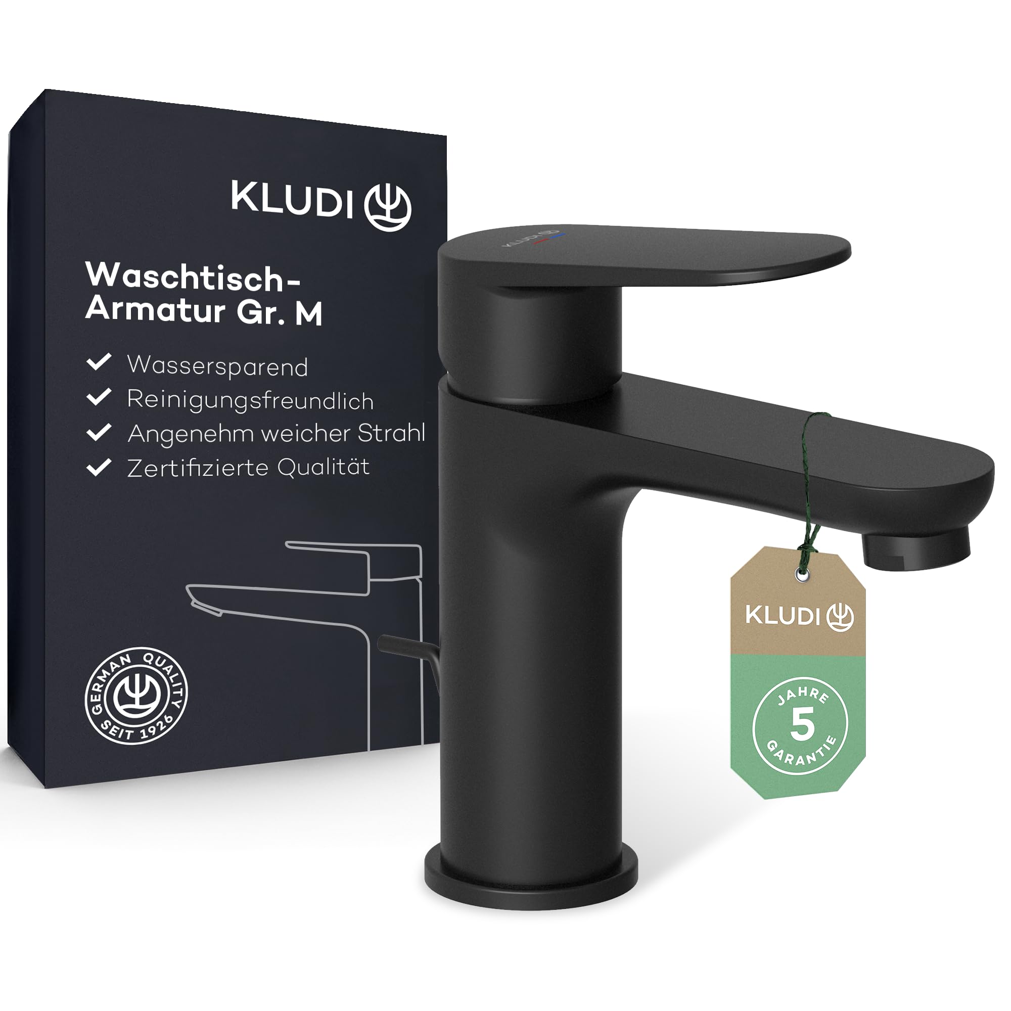 KLUDI-X1 Waschtischarmatur mit Zugstangen-Ablauf, Auslaufhöhe 95 mm, wassersparender Wasserhahn Bad Schwarz Matt Größe M, Keramikkartusche, Mischbatterie Waschbecken inkl. Anschlussschläuche