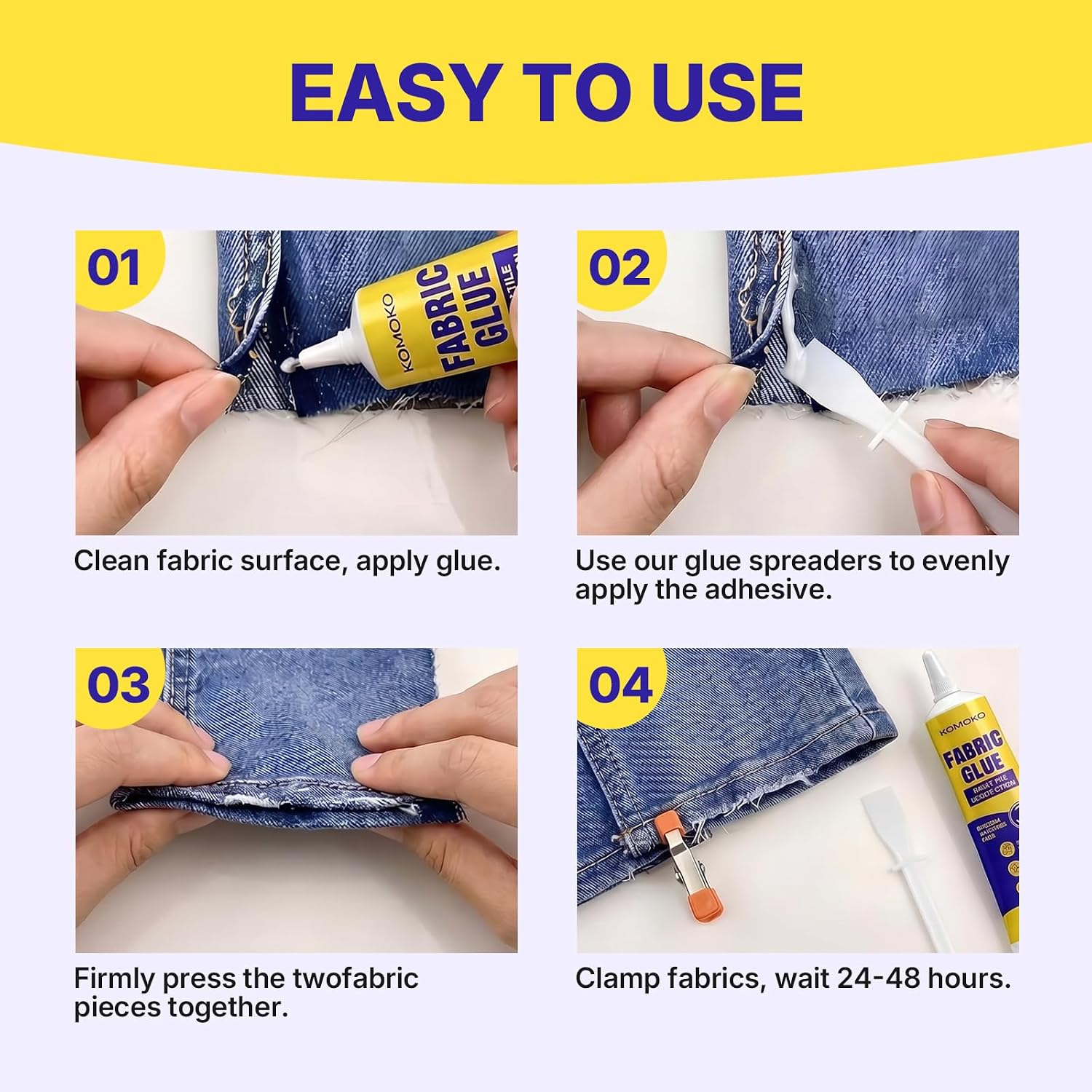 Komoko Fabric Glue Permanent (2.02 Fl Oz), Fabric Glue for Clothing, Patches, Denim, Polyester, Fabrics, Doll Repair, Flannel, Cotton, Multipurpose Clear Glues, Tacky Glues