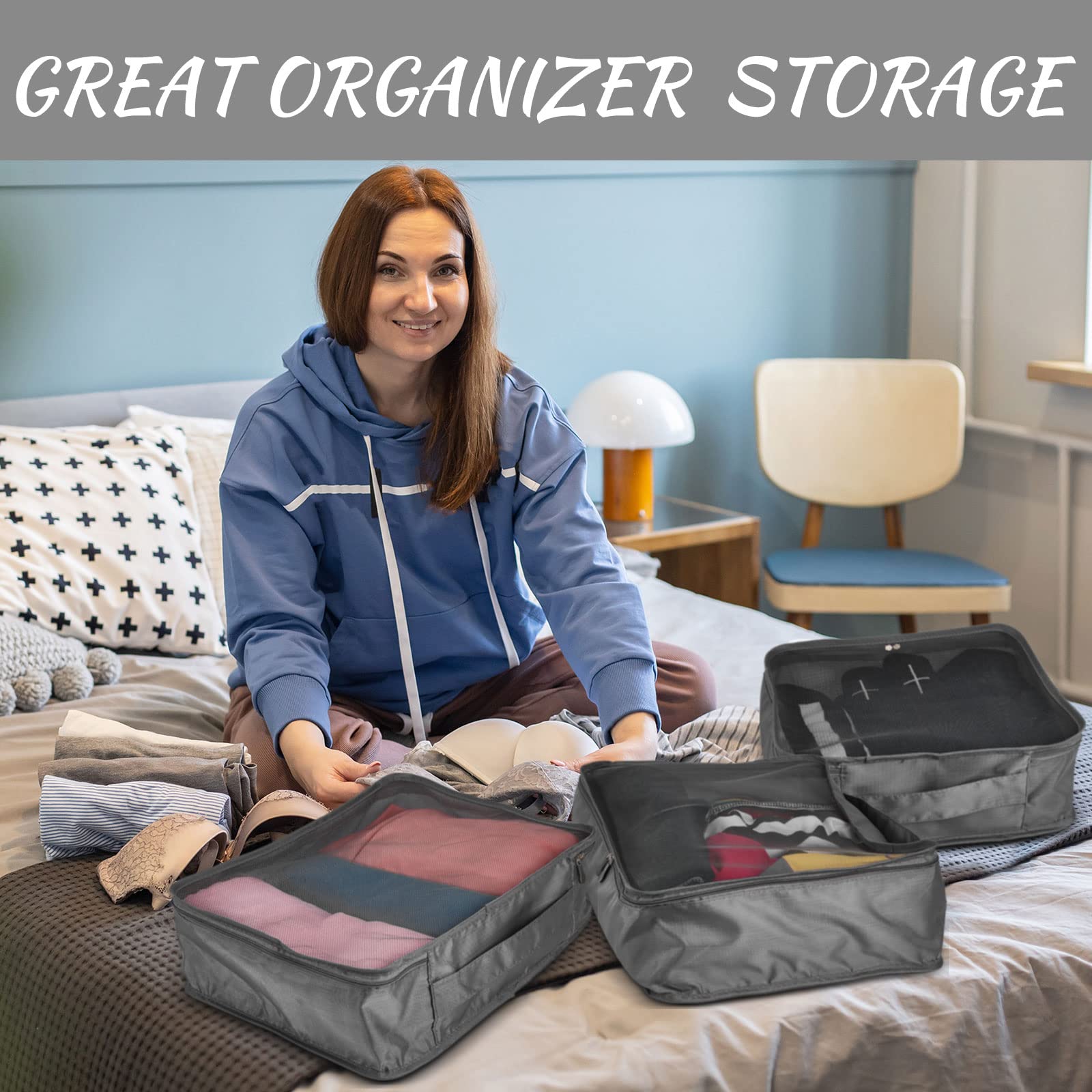 Silkfly 12 Stück extra große, große und mittelgroße Packwürfel für Reisen, 3 verschiedene Größen, graue Gepäck-Organizer-Taschen, Rucksackreisen, Kleidungszubehör