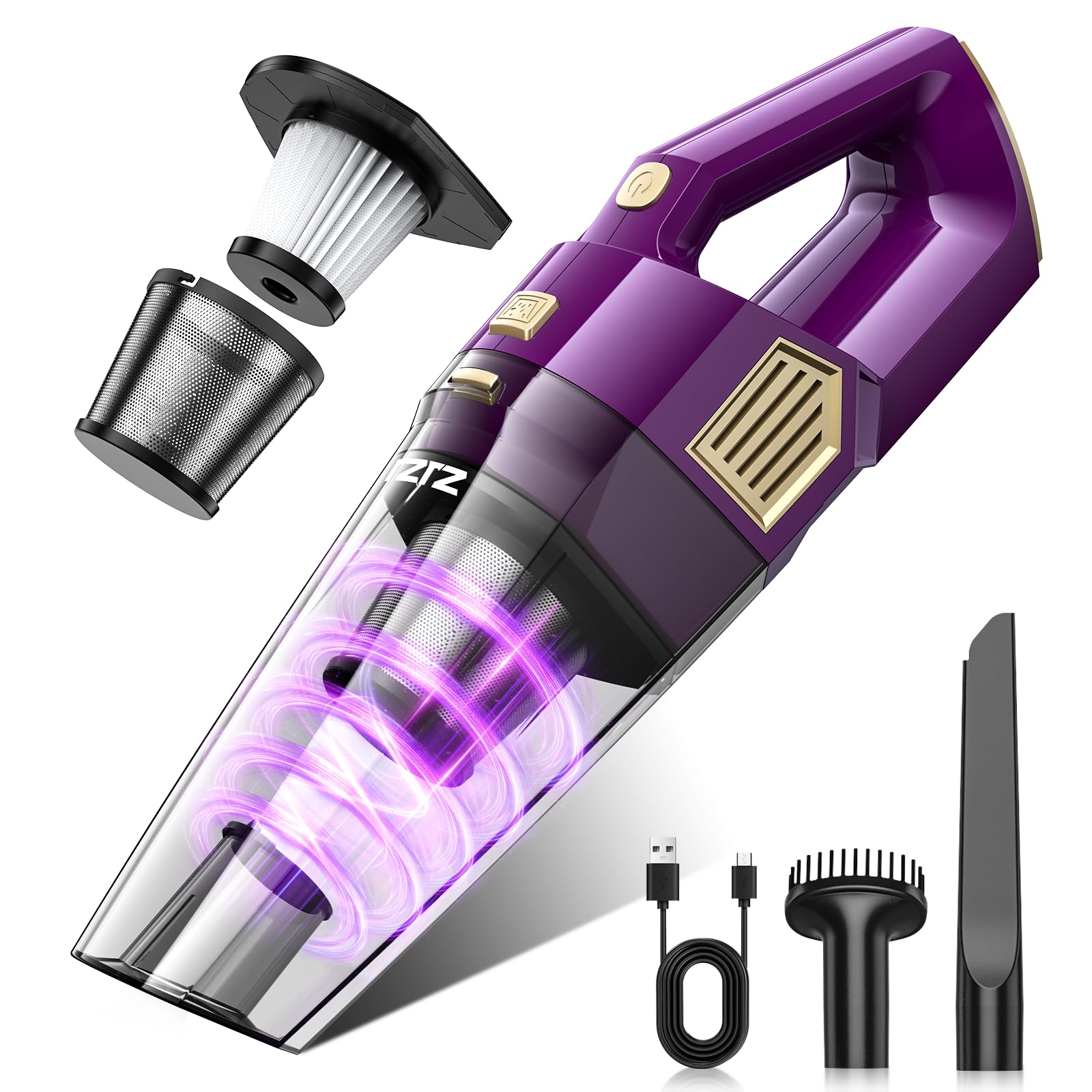 ZJZJ Handheld Vacuum Cordless, 15000PA Powerful Suction Hand Held Car Vacuum Cleaner Rechargeable with Multi-Nozzles & Washable Filters, High Power Lightweight Dust Busters for Home, Pet, Car, Office