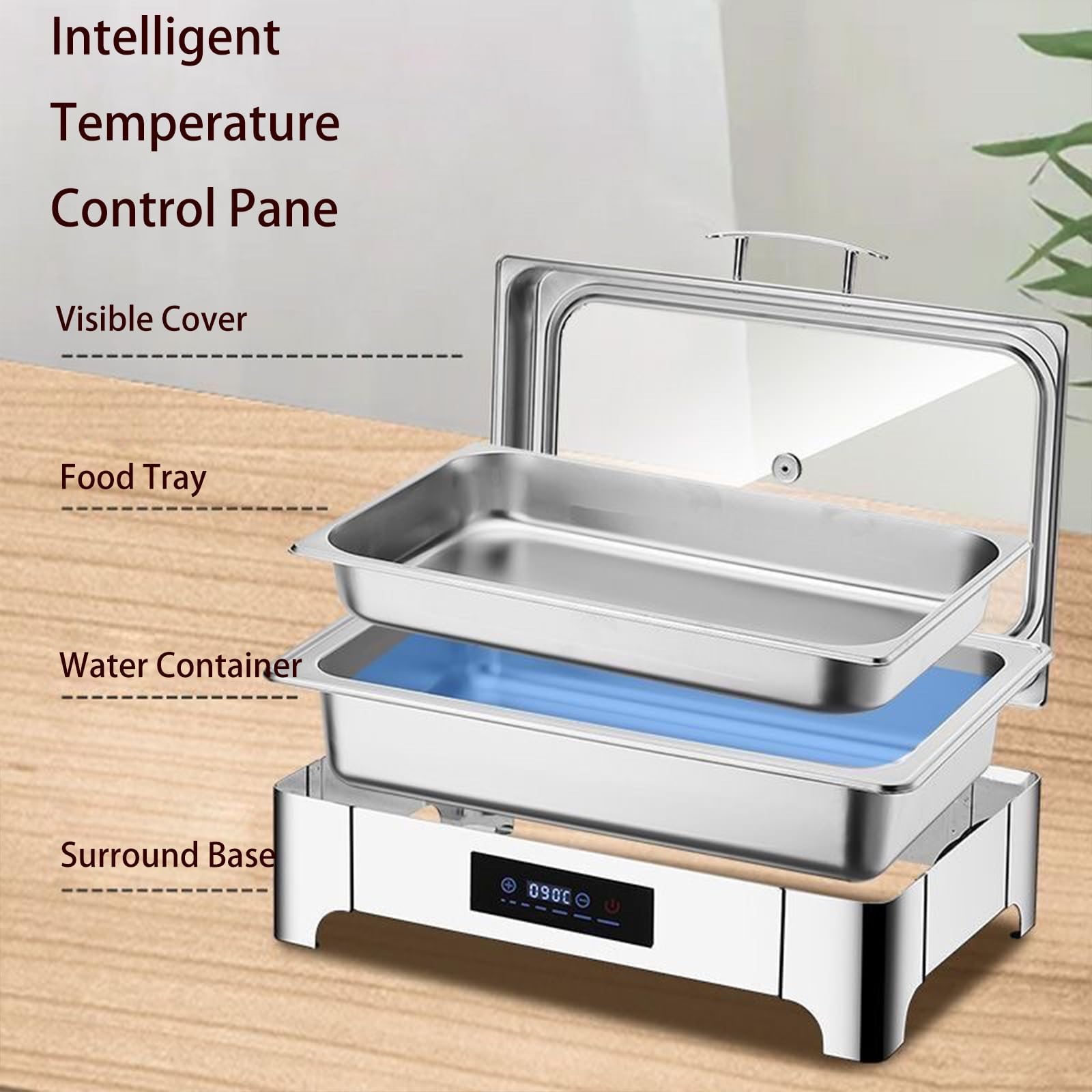 Calentadores de alimentos de buffet con temperatura ajustable y tapa de vidrio para servir en la mesa