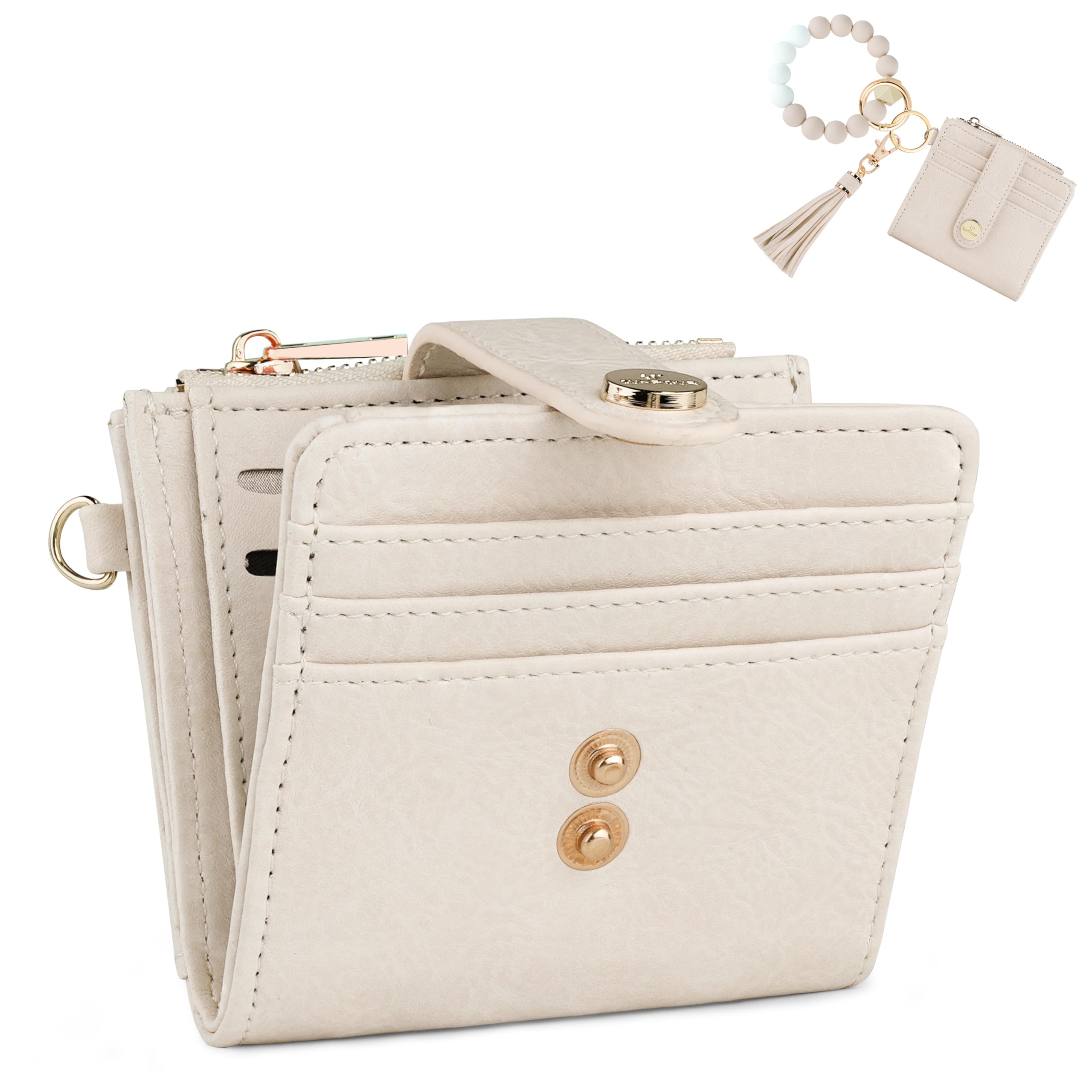 Sunpour Small Wristlet Wallets for Women Keychain Wristlet Wallet RFID Blocking Key Chain Wallet With Zipper Coin Pocket,2 Id Window(Beige)