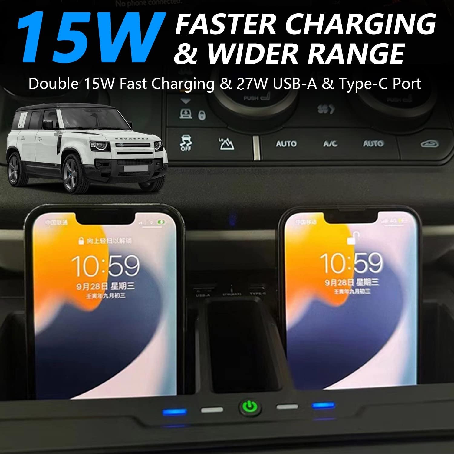 dual wireless car charger for land rover defender 90 110 130 2020 2023 15w qi fast charging phone charger pad with 27w usb a type c port for iphone