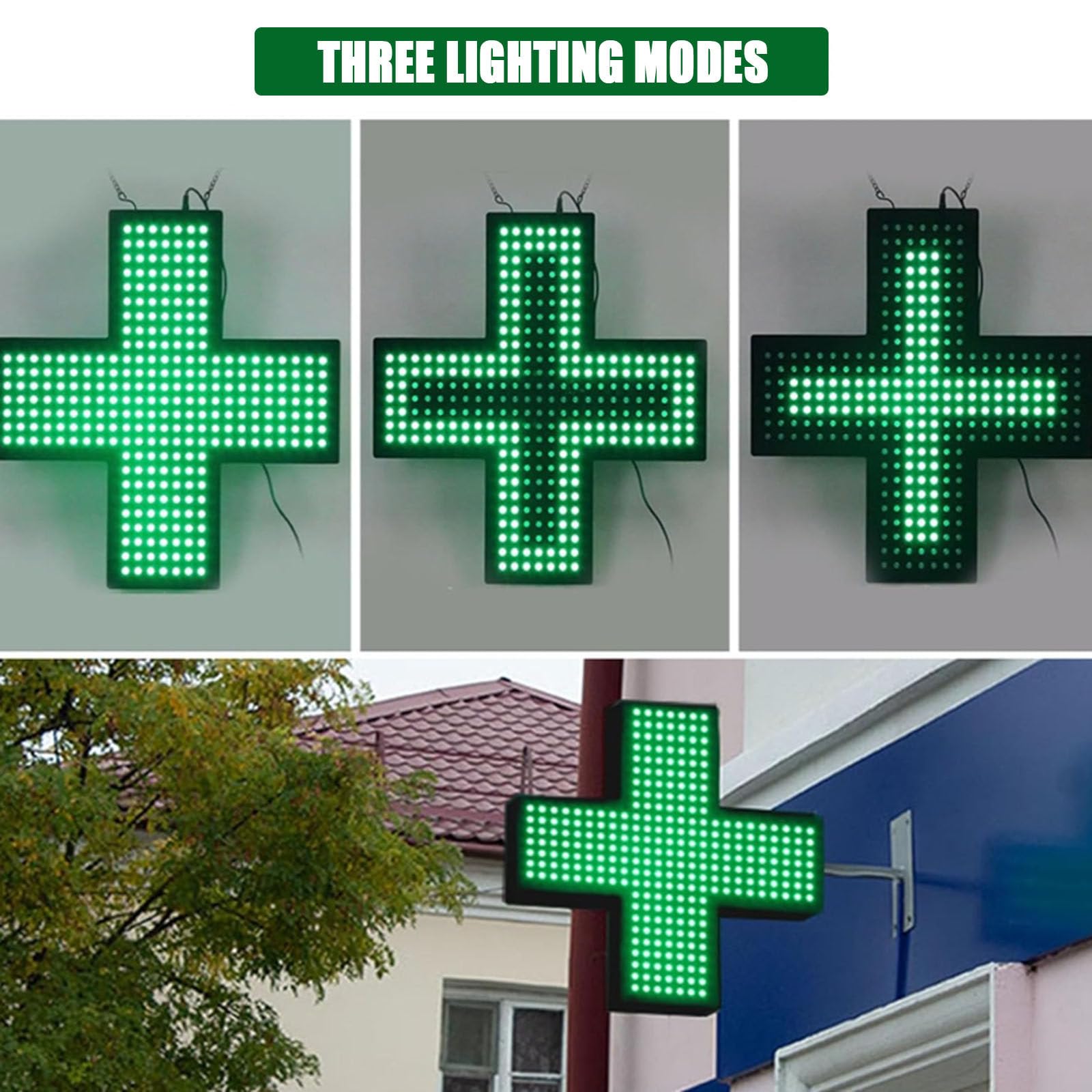 Doble Función Cruz Farmacia – Luz Verde Brillante para Clínicas y Tiendas, Diseño Resistente a la Intemperie,30x30cm