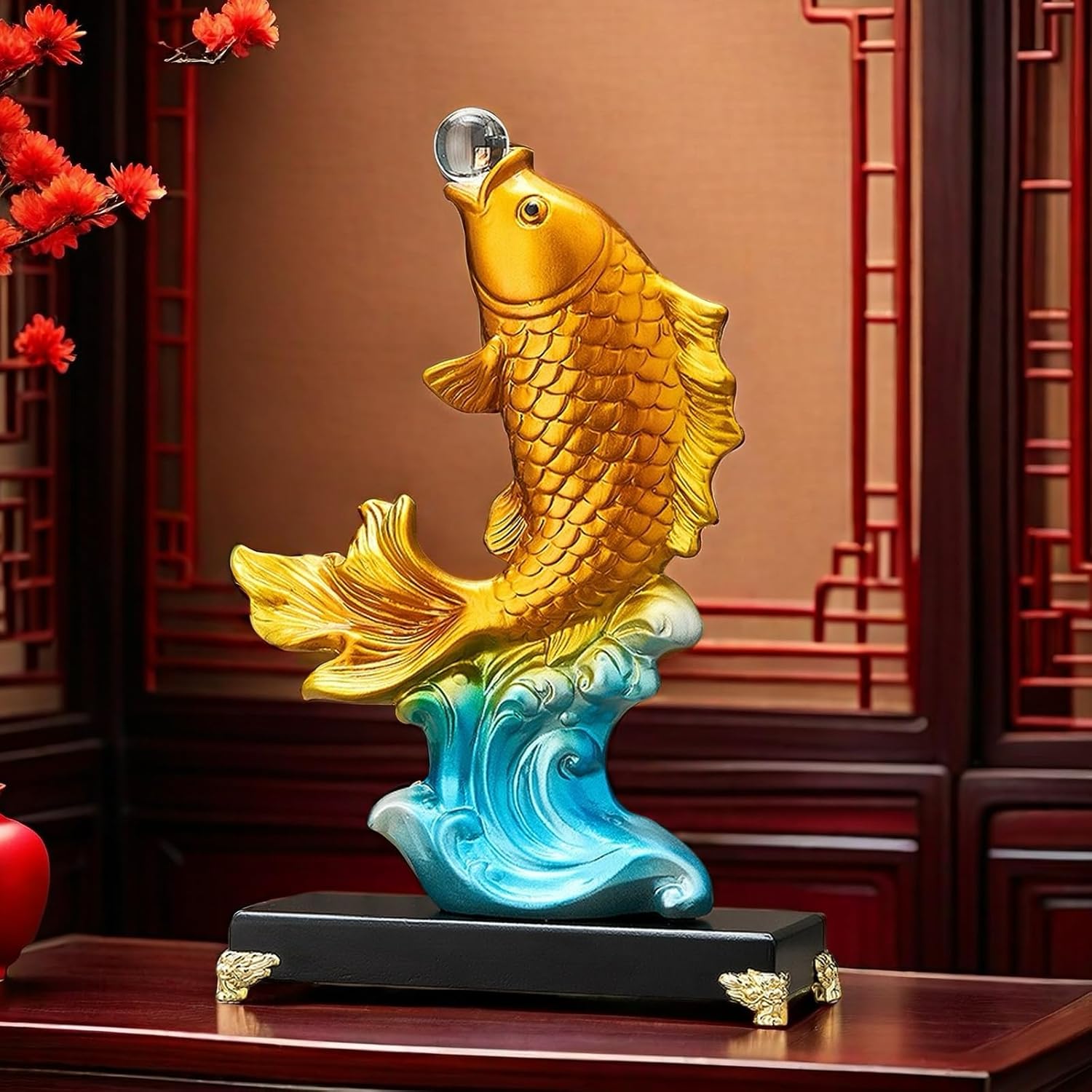 FUNSXBUG 13.3 Inch Large Chinese Feng Shui Fish Statue Sculpture Collectible Figurine Feng Shui Decor Home Office Decoration Tabletop Decor Ornaments Good Lucky Gifts (Gold)