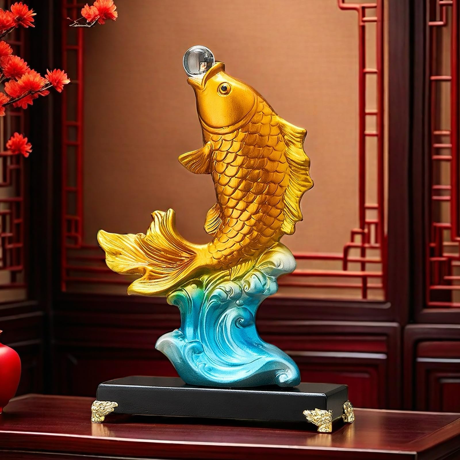 FUNSXBUG Große chinesische Feng Shui Fischstatue, Skulptur, Sammlerfigur, Feng Shui, Dekoration, Zuhause, Büro, Tischdekoration, Ornamente, Glücksgeschenke (Gold)