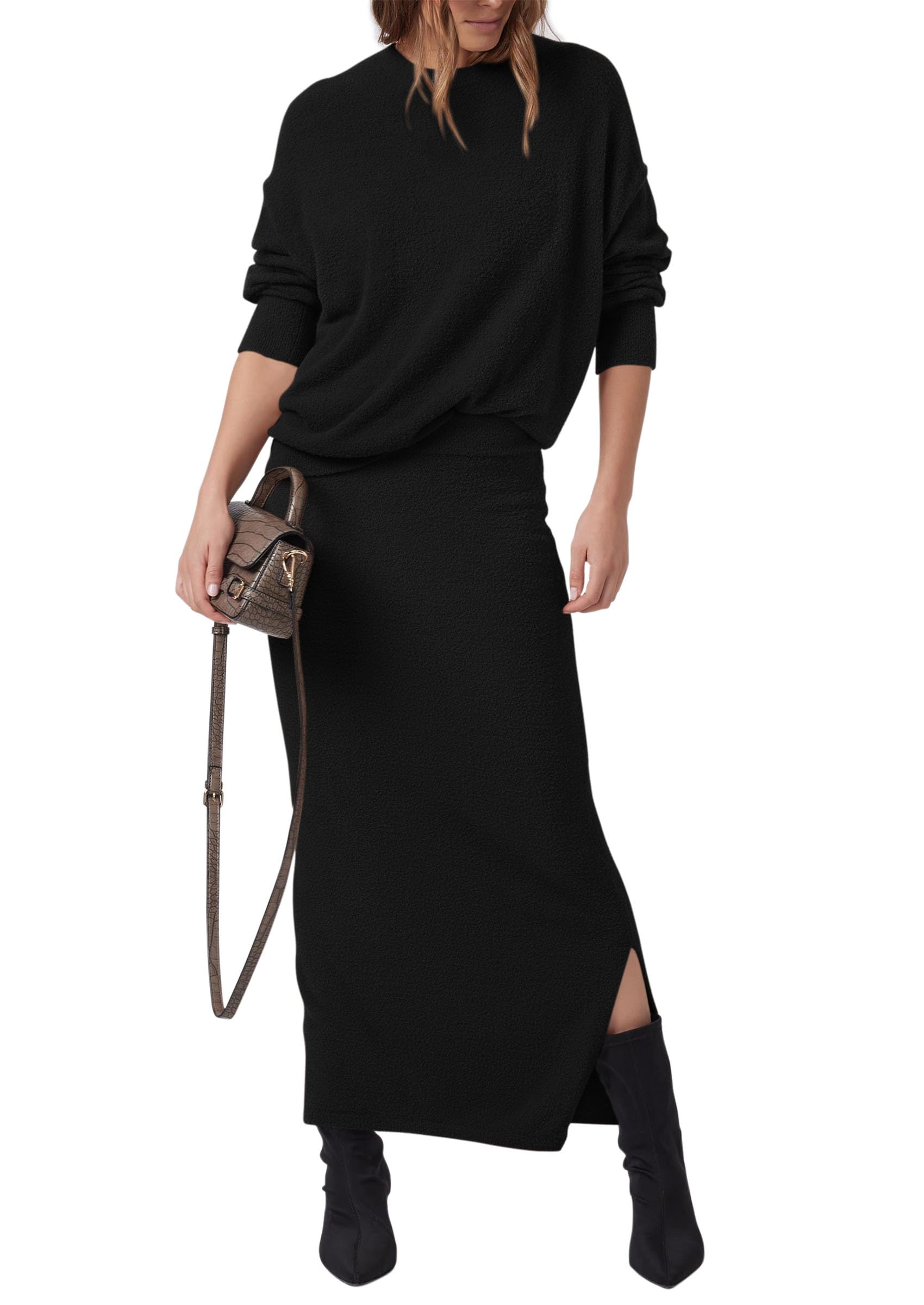 PRETTYGARDEN Womens Two Piece Matching Sweater Sets Knit Long Sleeve Pullover Tops Bodycon Long Maxi Skirts Fall Outfits