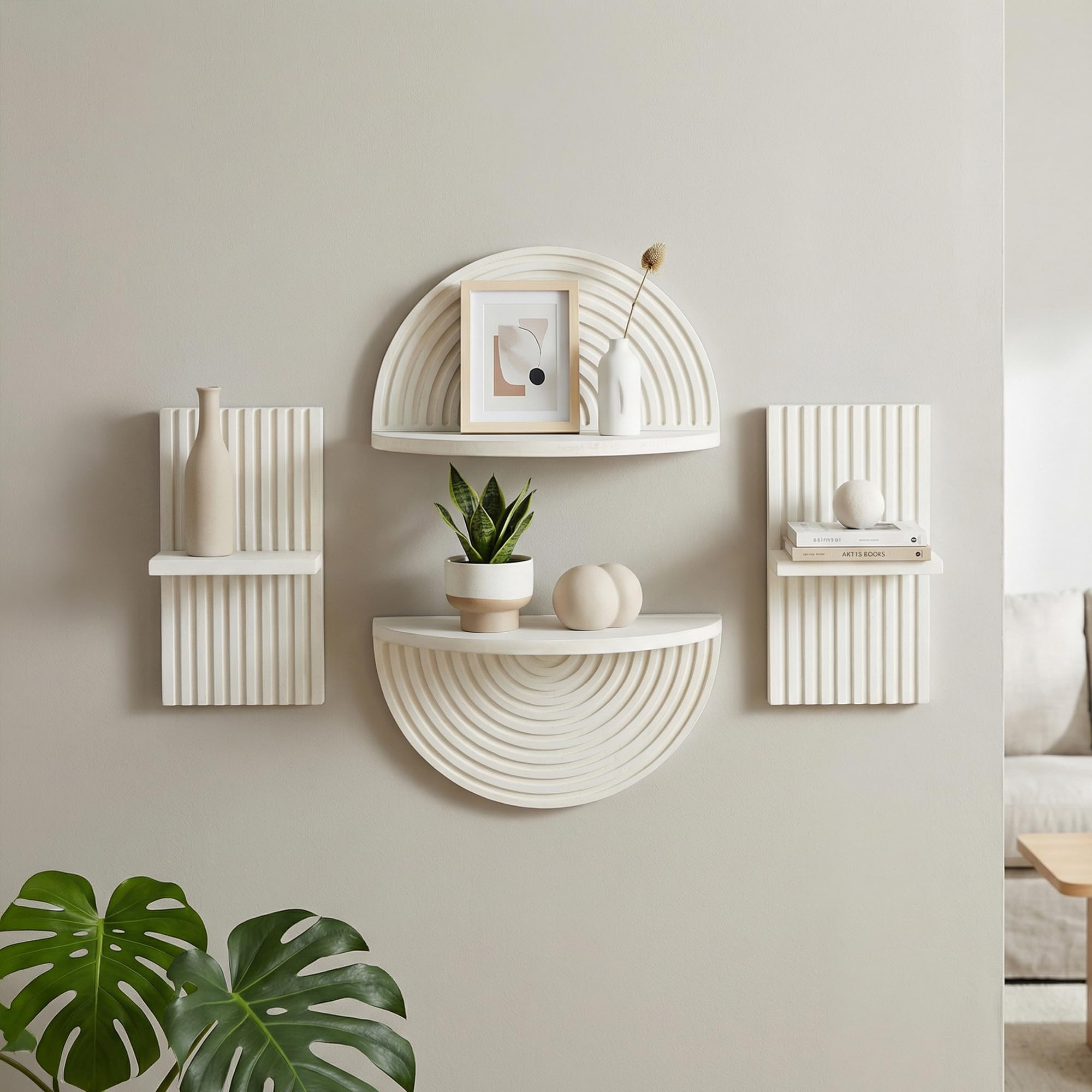 American Art Decor White Boho Arched Lunar Ledges Wall Shelf Set, 4 Piece Modular Wood Floating Display Shelves, Arch Bookshelf for Bedroom, Bathroom, Kitchen &amp; Living Room Decor