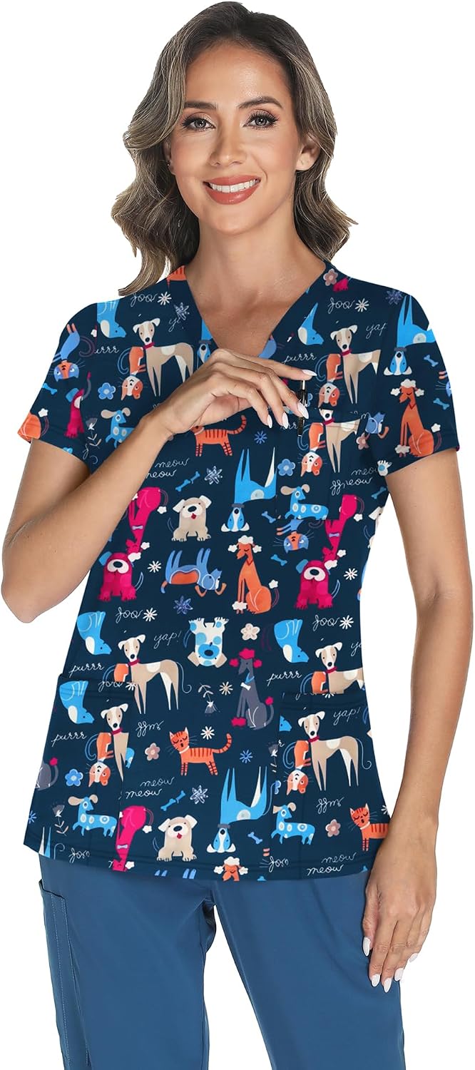 LOMON Women's V Neck Printed Scrub Top with 3 Pockets image 4