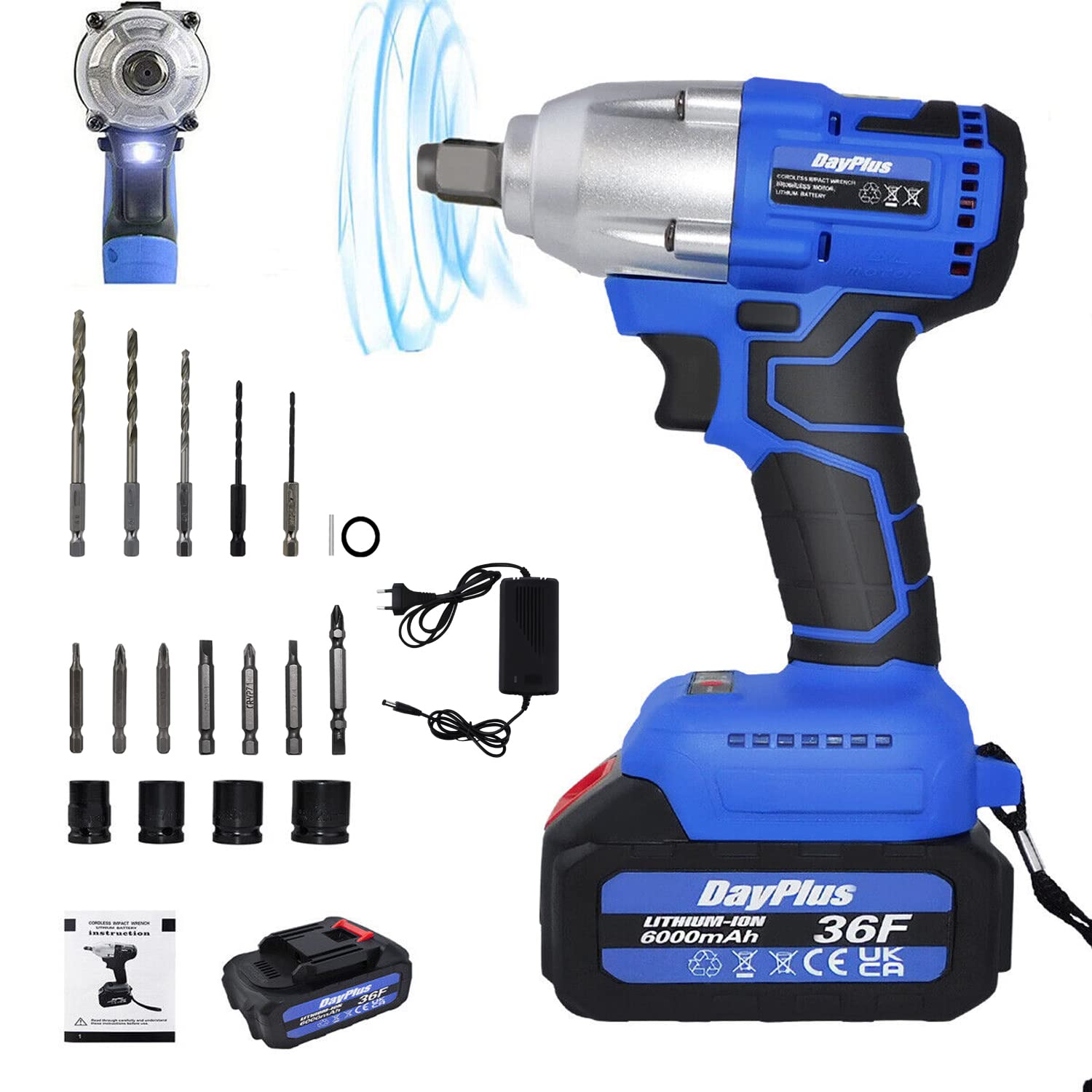 Klucz bezprzewodowy 21V, klucz udarowy bezszczotkowy 1/2 calowy, maksymalny moment obrotowy 420Nm, pistolet uderzający 3200RPM z baterią 6.0Ah, 4 gniazda, 5 wiertarka, 7 śruby