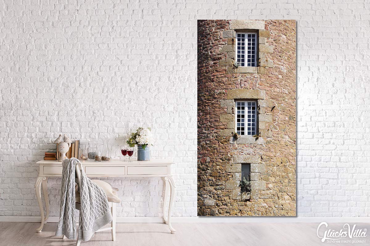 Glücksvilla - Turm mit Fenstern (Leinwand-Bild 2 cm, 50 x 100 cm) | div. Maße - aus DE - Kunstdruck Deko Wandbild quer - Frankreich Roscoff Stein-Optik Steinwand Dorf Stadt Meer