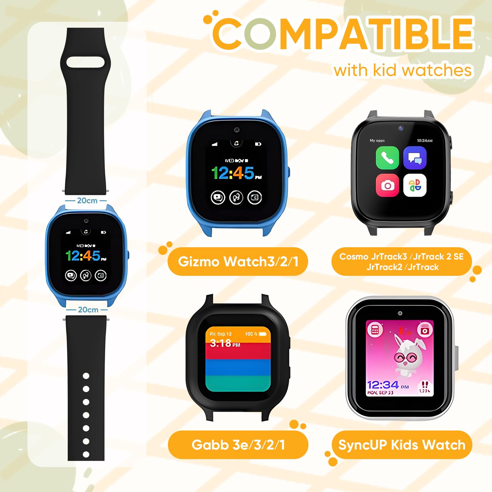 Paquete de 4 correas de reloj de silicona impermeables para niños, compatibles con Gizmo Watch 3, 2, 1, Gabb Watch 3, 2, 1, SyncUP, Cosmo JrTrack, correas deportivas ajustables de repuesto para niños