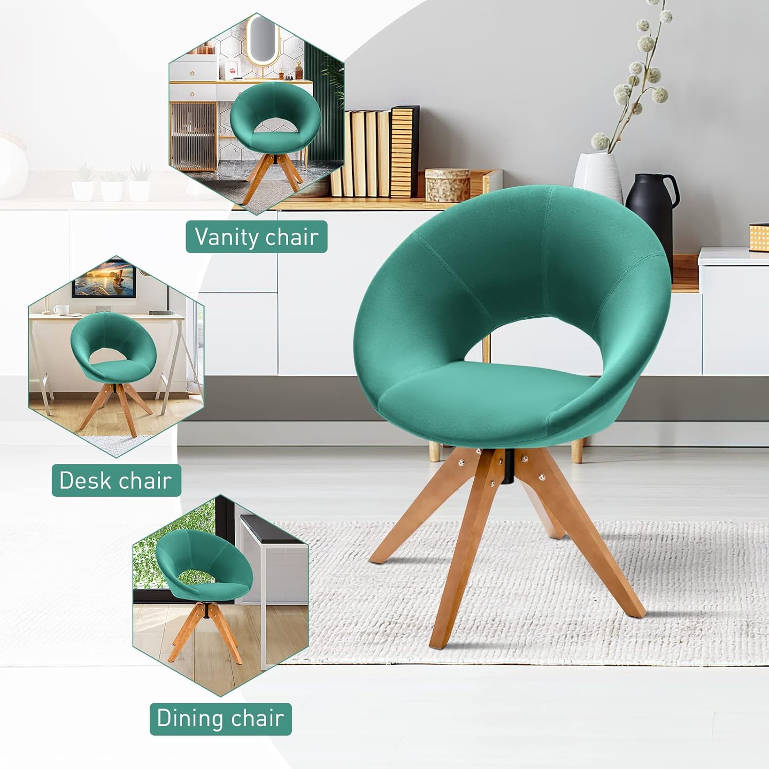 Giantex Swivel Accent Chair, Modern Office Chair with Wood Legs, Oversized Upholstered Seat, Round Tufted Back, Velvet Vanity Chair for Living Room, Bedroom, Green