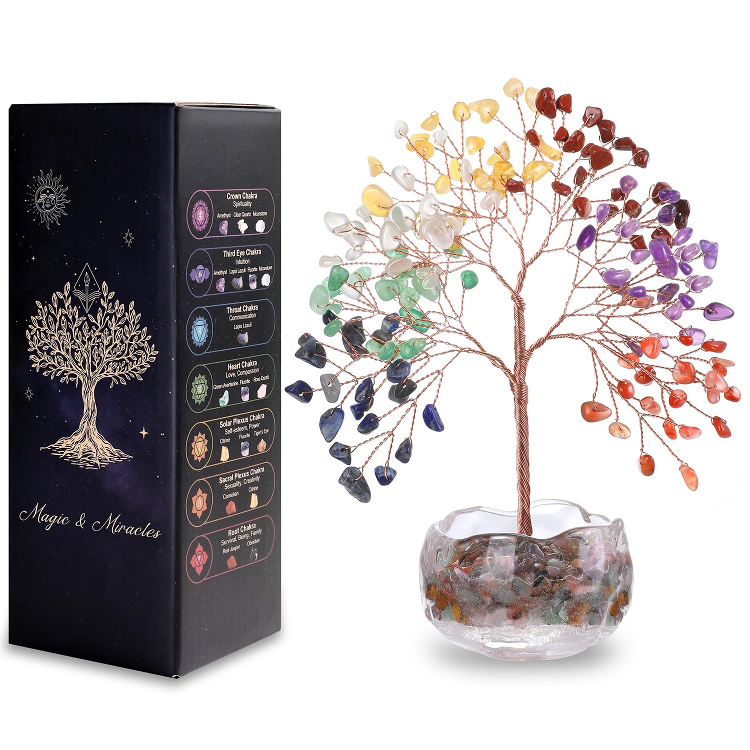 7 cristalli Chakra, albero della vita con base in vetro, pietra preziosa in 147 pietre naturali, circa 16-17 cm, decorazione in cristallo Feng Shui e regalo spirituale, per casa