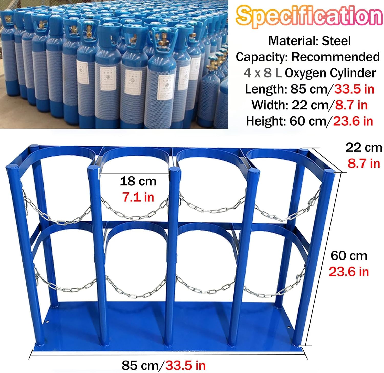 8/9/10 L Oxygen Fixed Shelf for Home, Upright Clinics Cylinder Carrier with Adjustable Protective Chain, Freestanding Cylinders Storage Rack for Laboratory/(L 85cm/33.5in