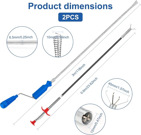 Lot de 2 Furet Deboucheur Canalisation Professionnel 3m & 0,6m Deboucheur wc Déboucheur canalisation Furet Plomberie Deboucheur evier Sonde De Debouchage Pour WC Evier Canalisation - 1