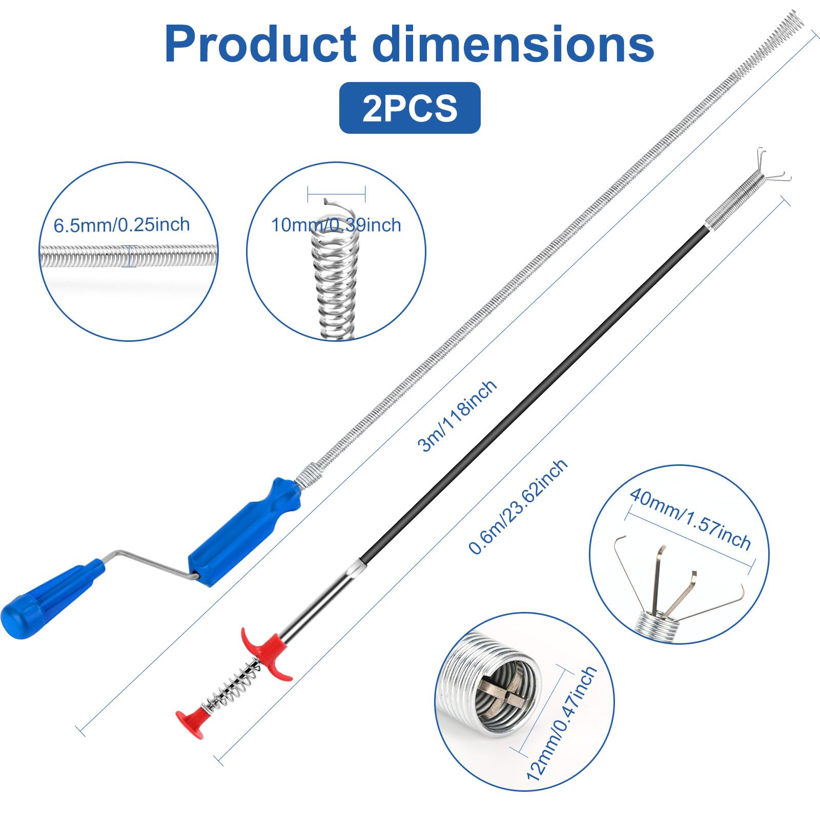 Furet Déboucheur Canalisation Professionnel Lot de 2 3m 0,6m Pour WC Evier