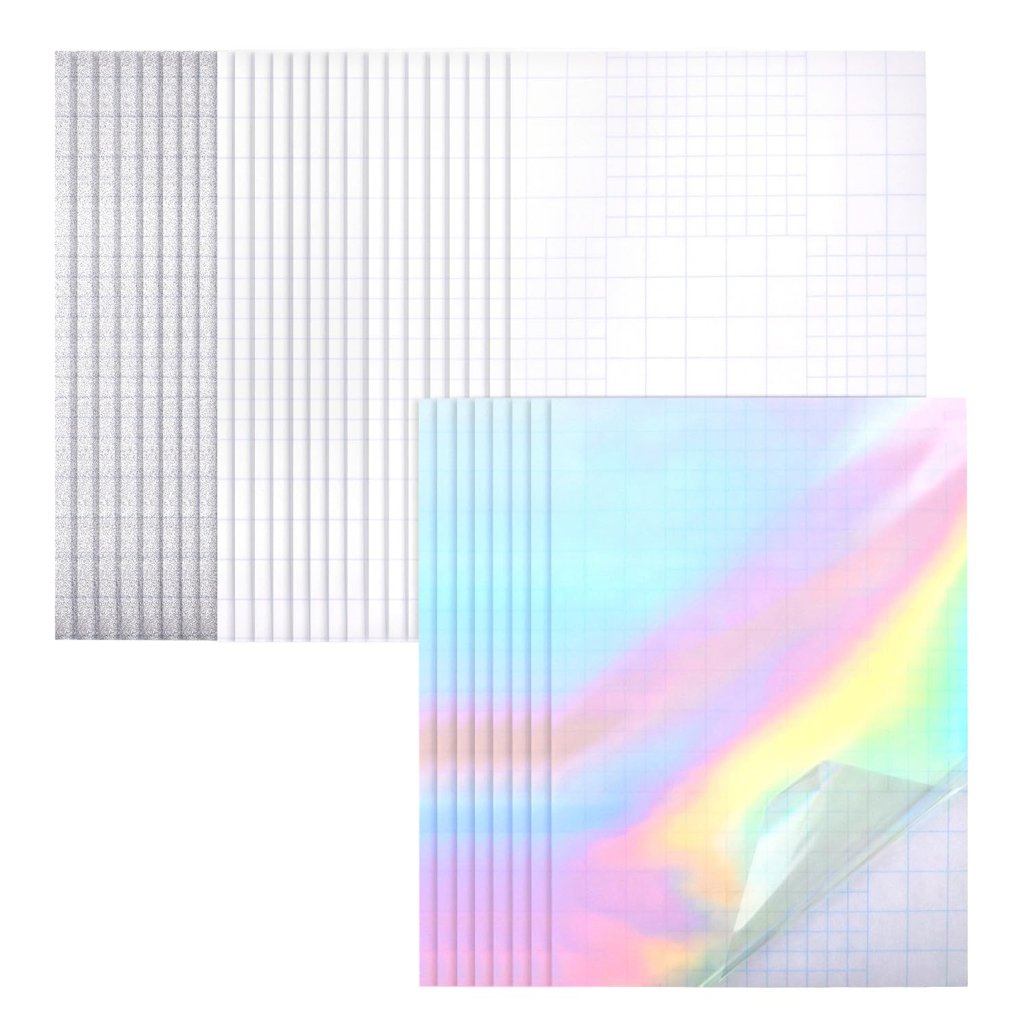QWORK® 32 Sheets Holographic Cold Laminate Sheets A4 – Waterproof Vinyl Overlay Film for Stickers, Scrapbooking & DIY Crafts – Rainbow, Glitter, Matte & Glossy Self-Adhesive Paper