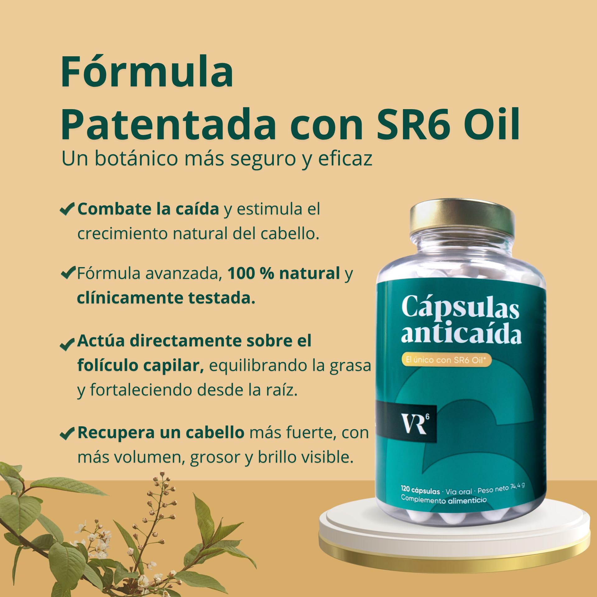 VR6 Hair Cápsulas Anticaída Cabello Mujer y Hombre 120 Uds Biotina Zinc Vitaminas B5 B6 E SR6 Oil