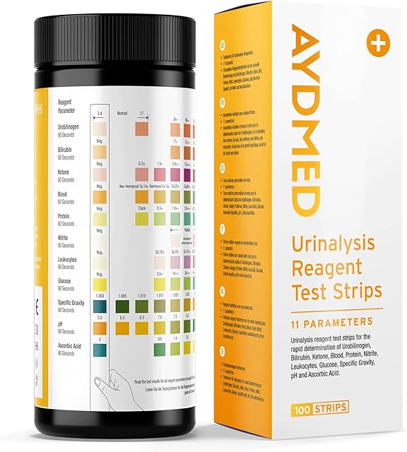 100 x Aydmed 11-in-1 Urinalysis Test Strips 11 Parameter Urine Test Strips for Urobilinogen, Bilirubin, Ketone, Blood, Protein, Nitrite, Leukocytes, Glucose, Specific Gravity, pH & Ascorbic Acid