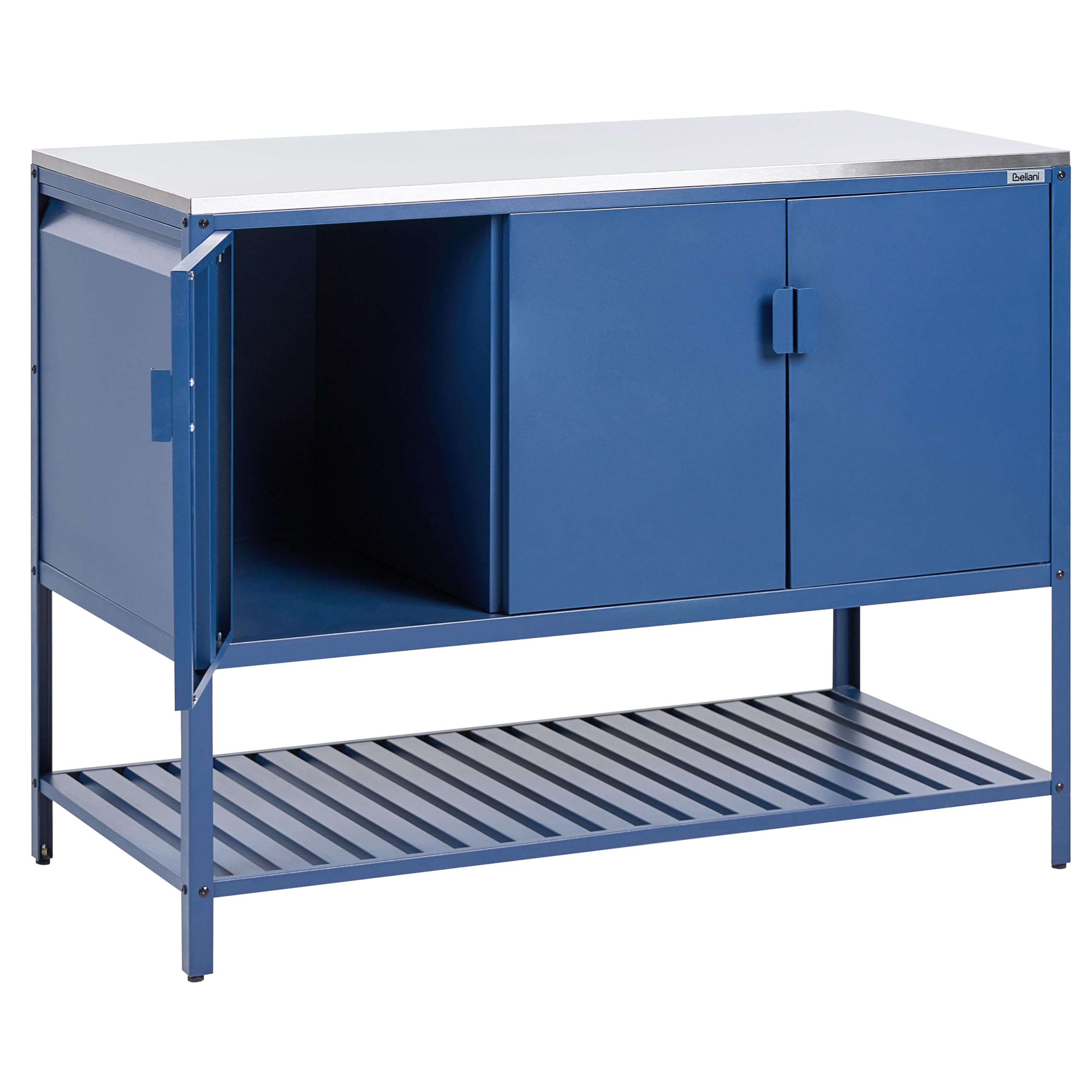 Beliani Conjunto de Armario de Cocina y Mesa de Bar para Exterior de Acero 3 Puertas encimera de Acero Inoxidable jardín Azul Maenza