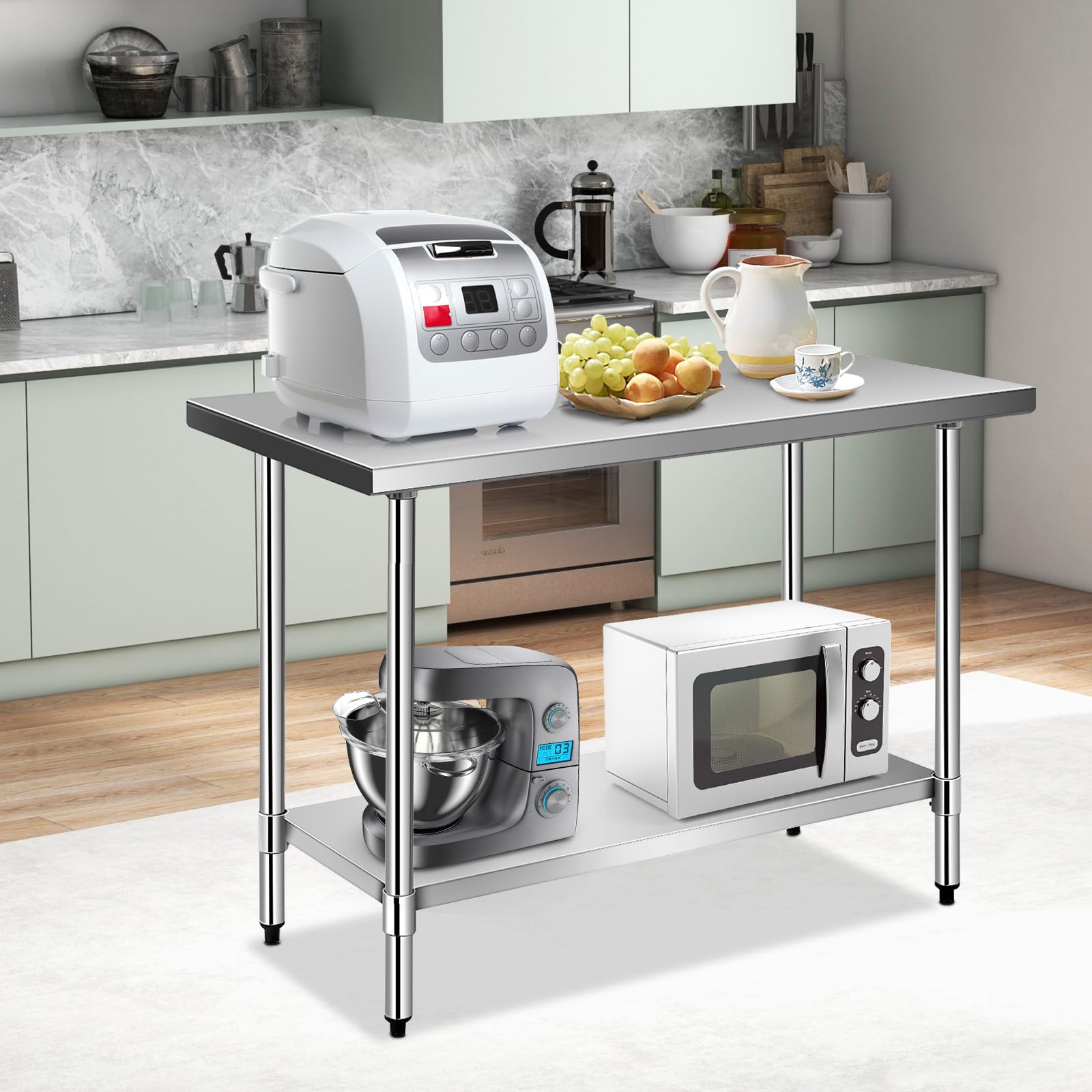 GIANTEX Edelstahl Arbeitstisch 2 Ebenen, Küchentisch Edelstahltisch mit höhenverstellbarer Ablage, Küche Lebensmittel Zubereitungstisch, verstellbare Füße, Gastro Tisch Ablagetisch 122x61x90 cm
