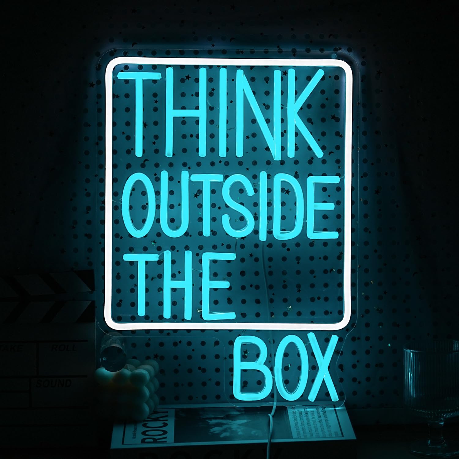 Think Outside The Box Neon Sign Dimmable USB Words Neon Light for Wall Decor Led Think Light Up Sign for Study Room Classroom Library Meeting Room Bedroom (Ice Blue White 16.1 * 11.8In)