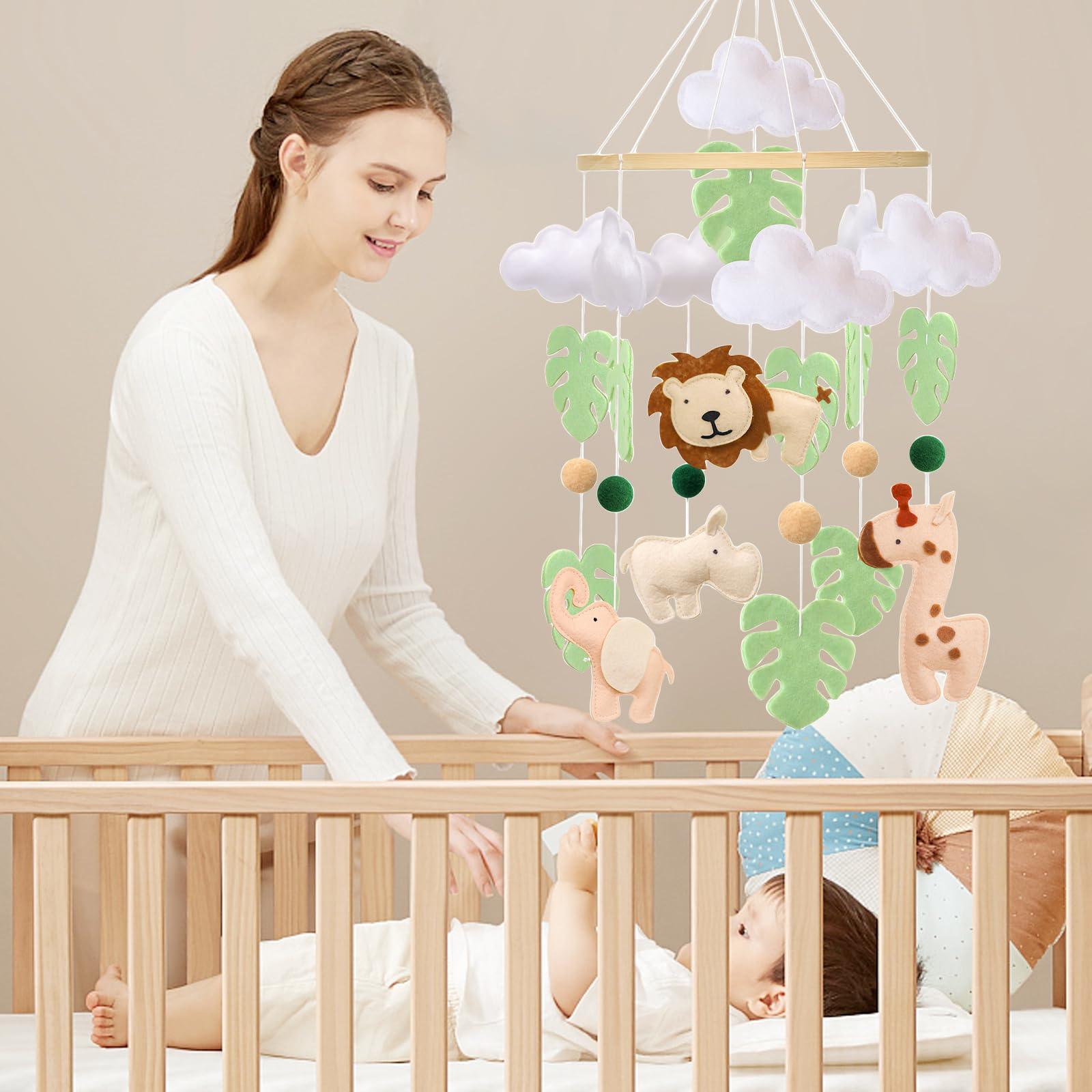 Baby Mobile - Campana da letto per lettino - Jungle Animal Baby Mobile con leone, elefante, giraffa e ippopotamo, giocattolo rilassante per la cameretta dei bambini, regalo per neonati (animale)