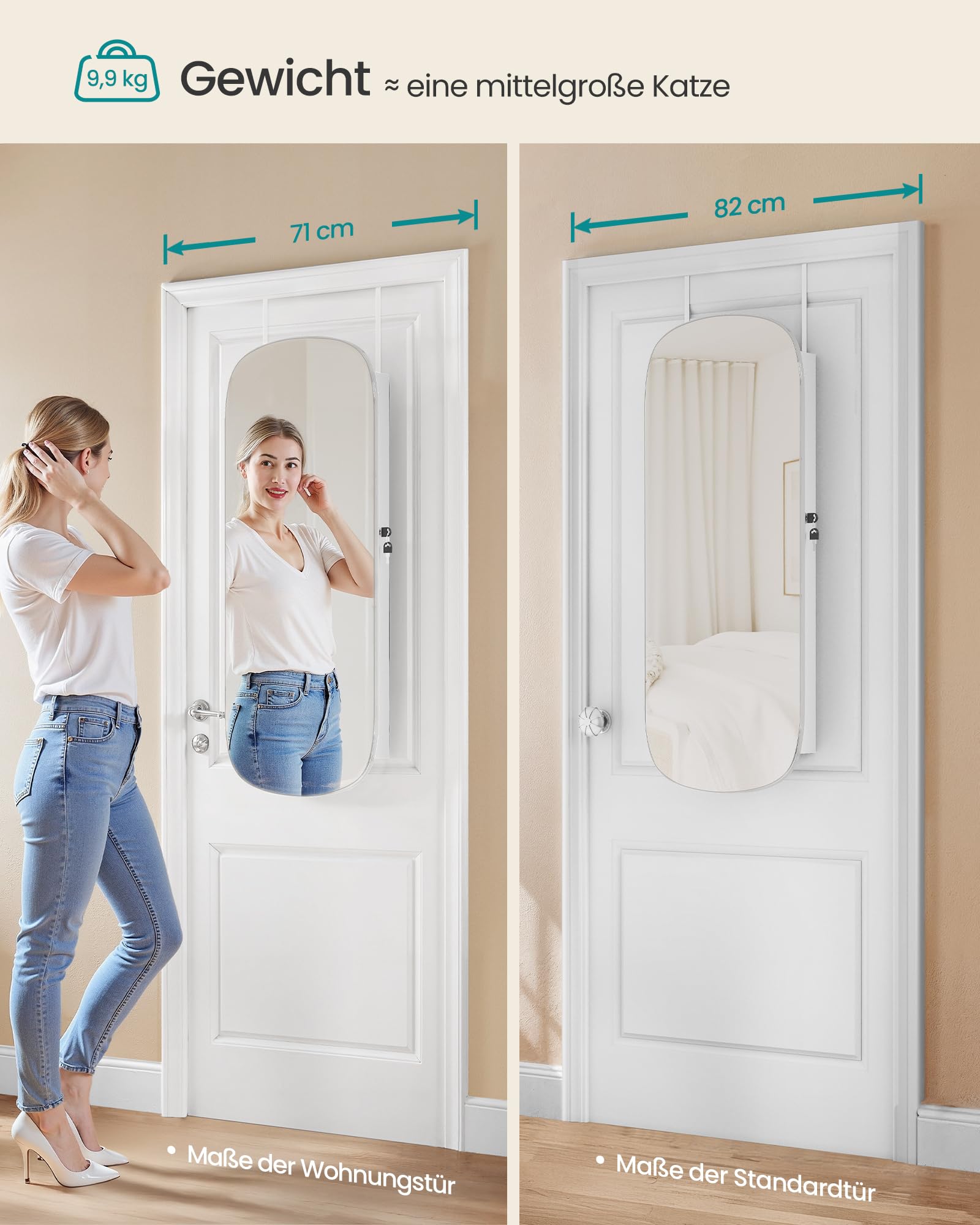 SONGMICS Schmuckschrank, Spiegelschrank, Schmuck-Organizer mit LED-Beleuchtung, abschließbar, Wandschrank mit Spiegel, für Ohrring, Halskette, Oberfläche in Weiß, Innenfutter in Greige JJC026W01