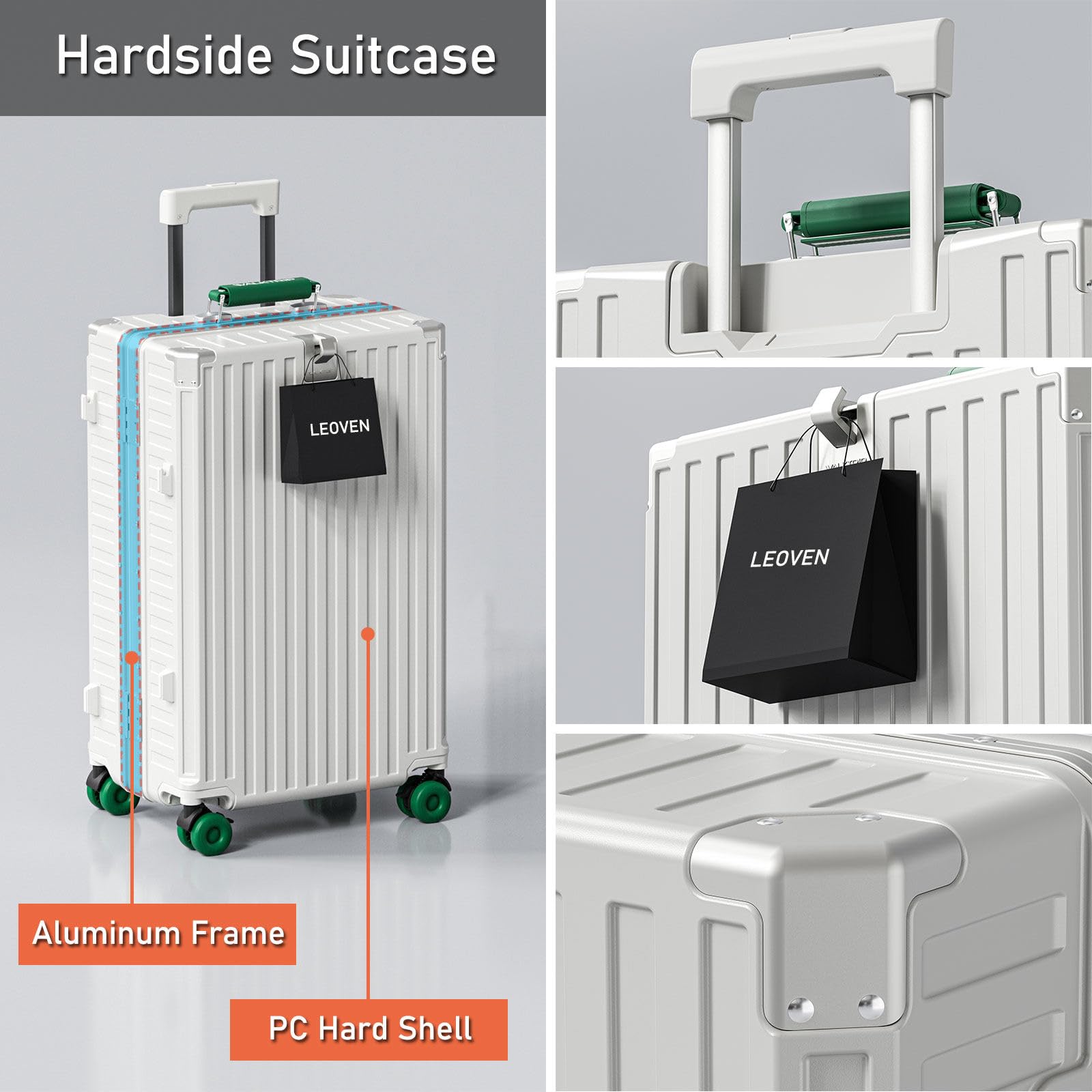 LEOVEN Valigia Trolley Rigido, LM-2199A Trolley Bagaglio a Mano, PC Rigido Guscio, Telaio in Alluminio, Manico in PU dai Colori Pregiati, Serratura TSA, Ruota Silenziosa 360°, Resistente