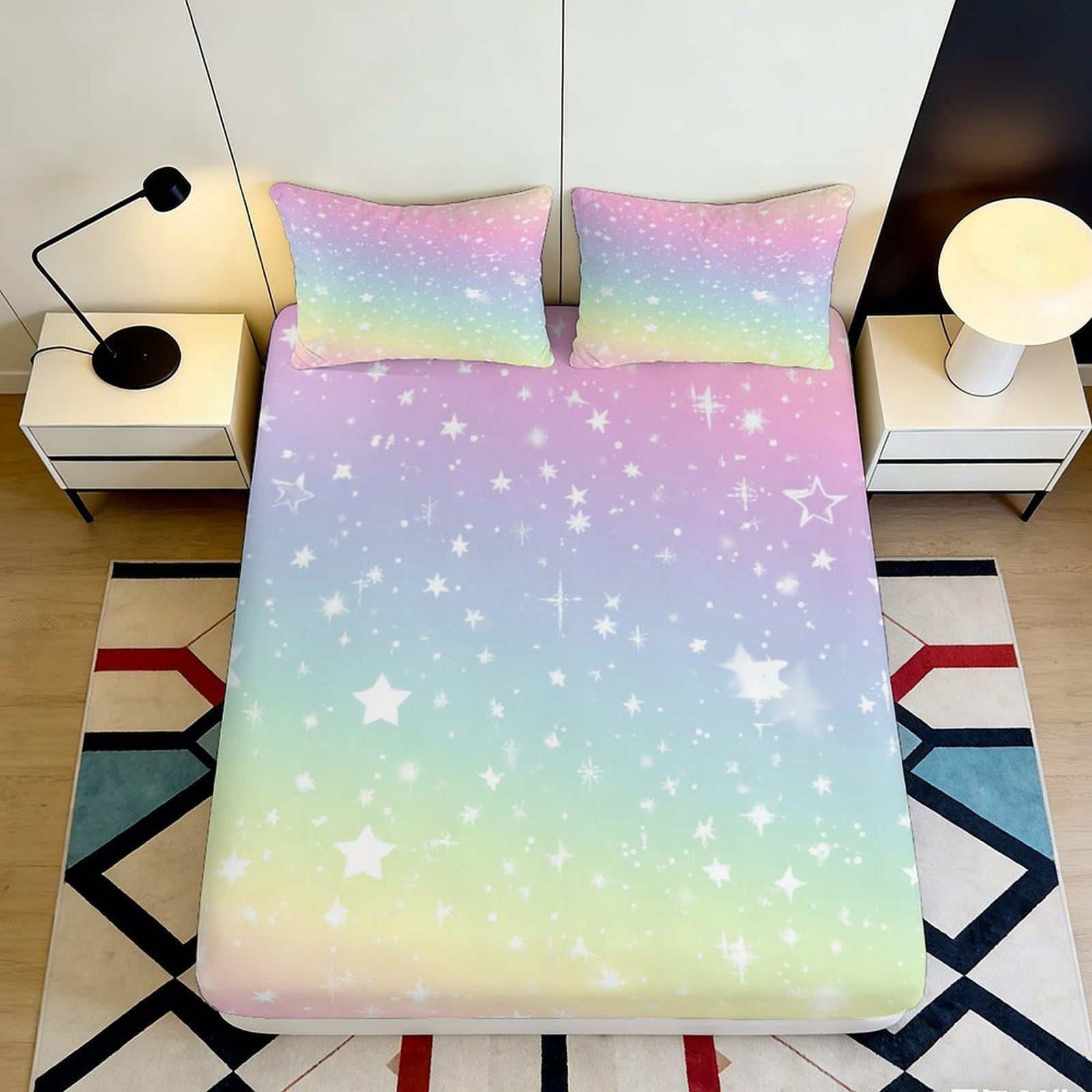 3D Printed Rainbow Starry Sky Fitted Sheet Microfiber Soft Pastel Nebula Bed Cover for Bedroom Dorm Mattress Protection Decor 90x200x25cm