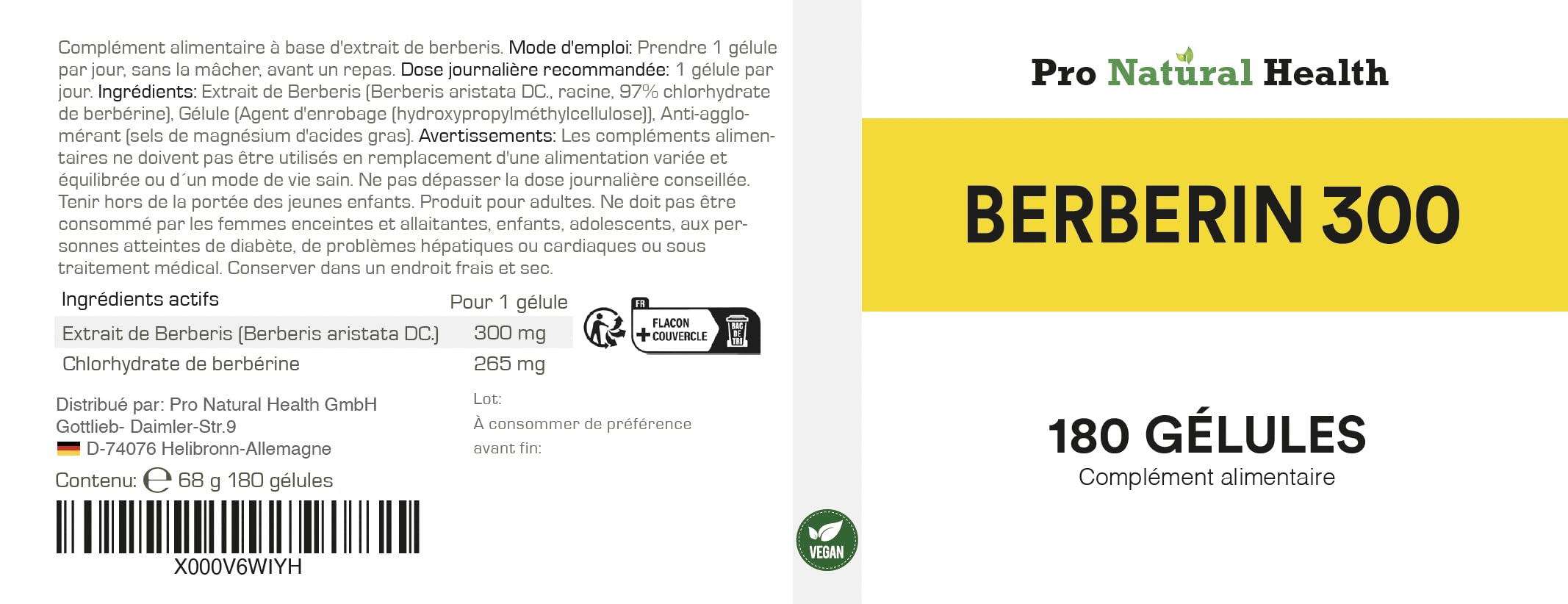 Berberina 500 mg I 180 cápsulas - Fabricado en Alemania - vegano - alta concentración 97% de berberina HCl - complemento alimenticio natural - extracto de raíz de la planta Berberis Aristata