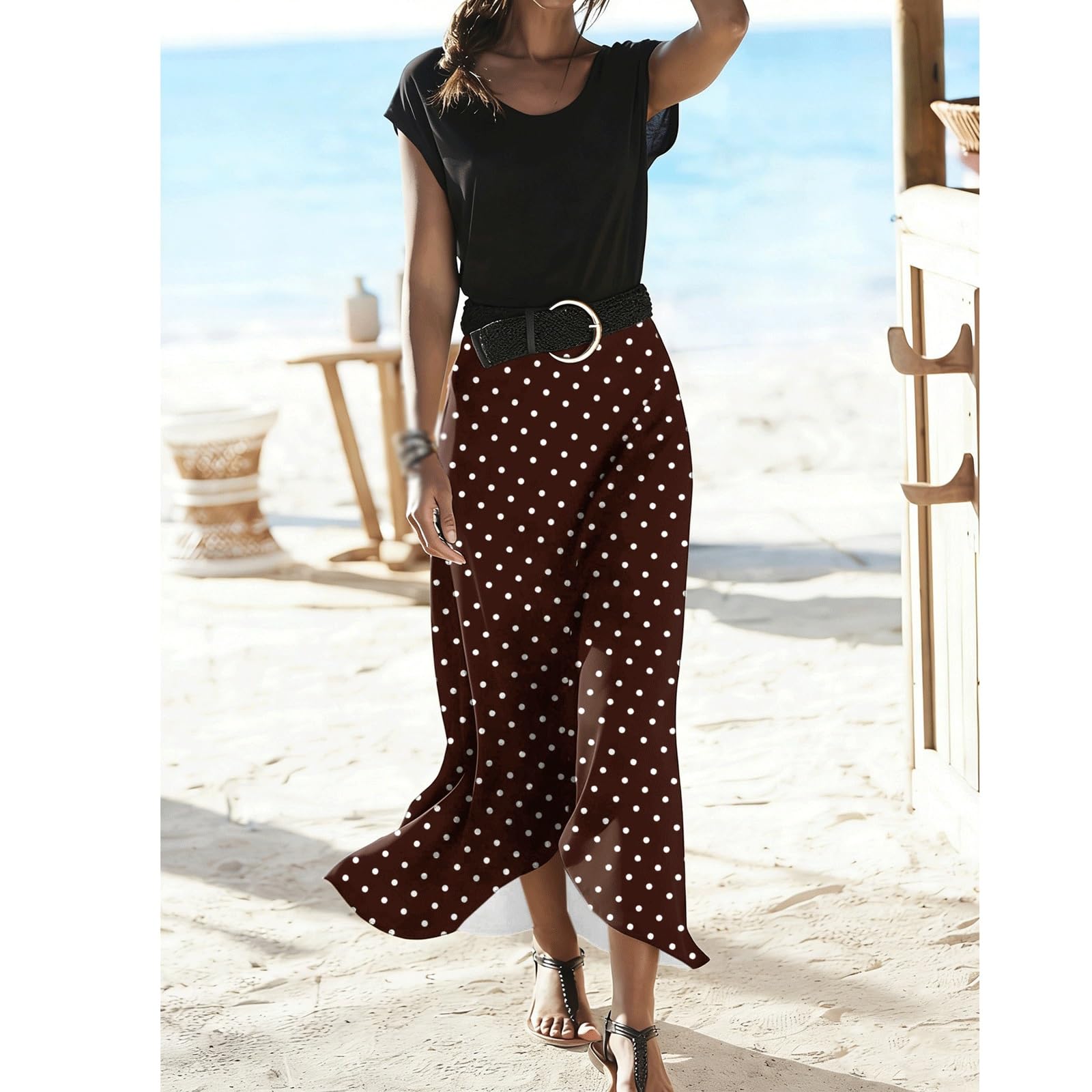 DUddTTW Fishtail Women's Midi Skirt Floral Elastic Waisted Swing Skirt Ankle Length Skirts Midi Length Flowy Skirt Maxi Skirts Vacation(Brown,Lagre)