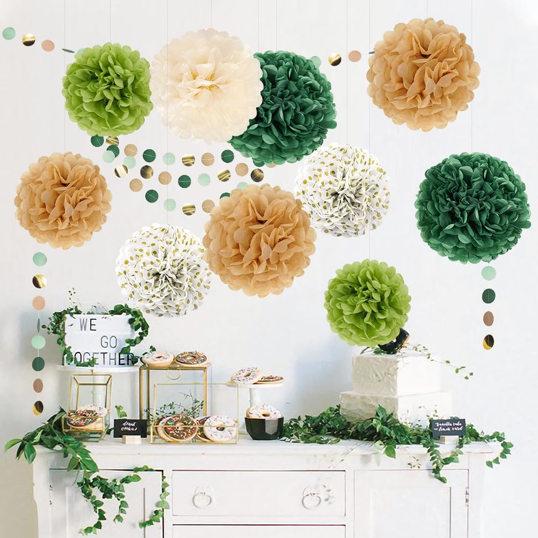 Pompons Papier De Soie Verts 15 Pièces - Décorations Fête Mariage Baptême Anniversaire Garden Party