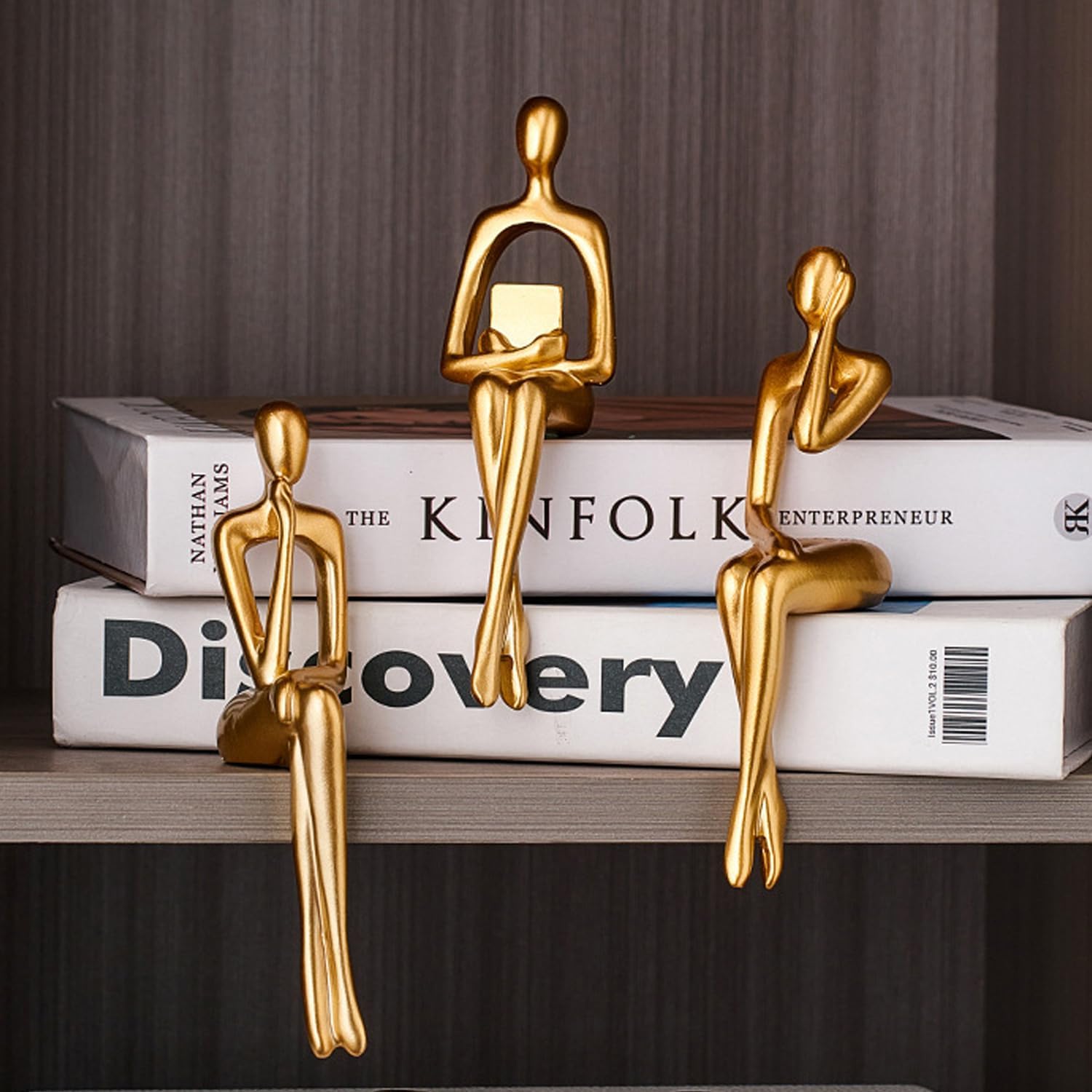 Resin Thinker Statues Decor, 3pcs Abstract Sitting Sculptures, Bookshelf Desk Figurines, Home Office Living Room Shelf Accents, Gold Centerpiece Table Decorations (Gold)