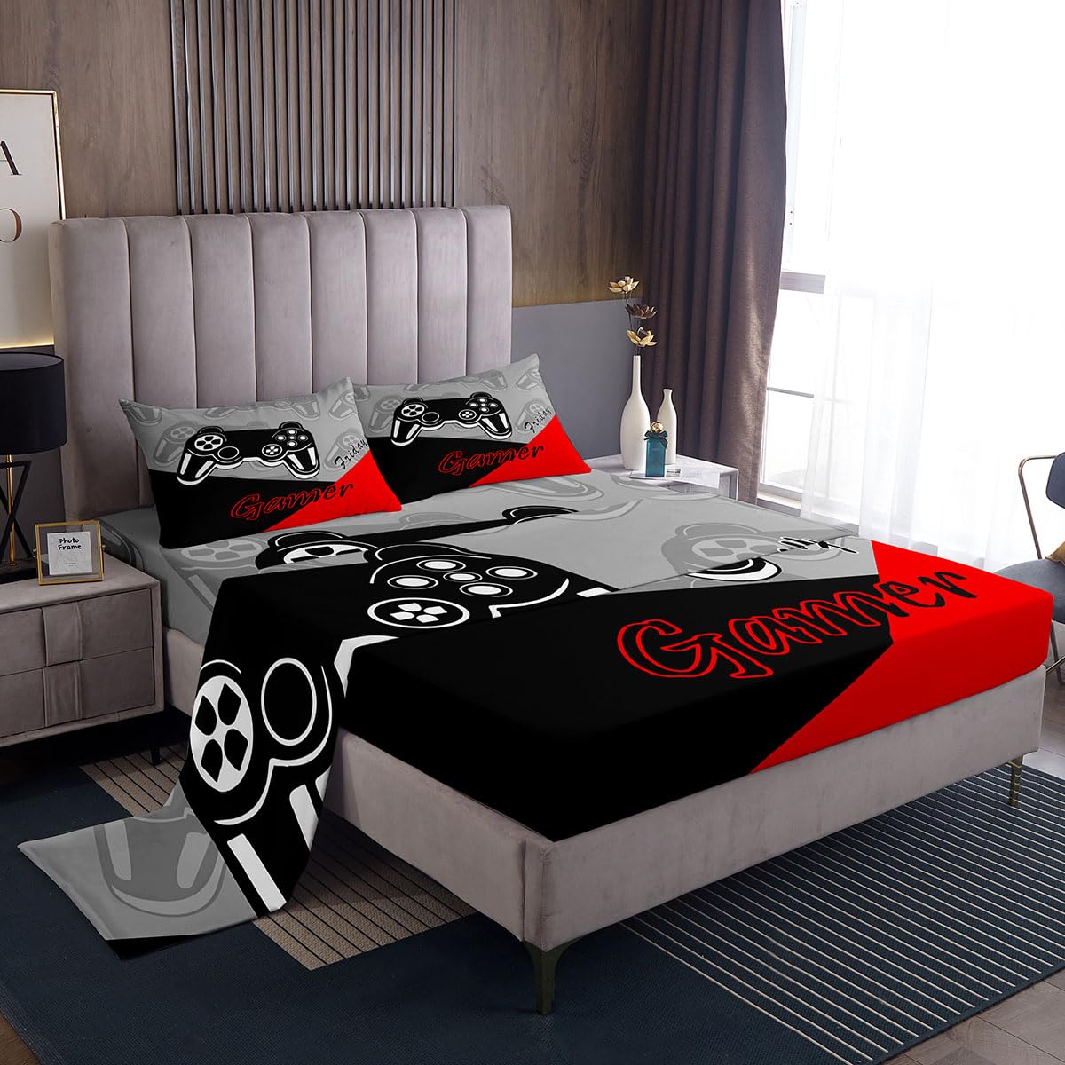 Feelyou Kids Gamer Bed Sheets Set Boys and Girls Gaming Bedding Set Video Game Controller Fitted Sheets 4Pcs