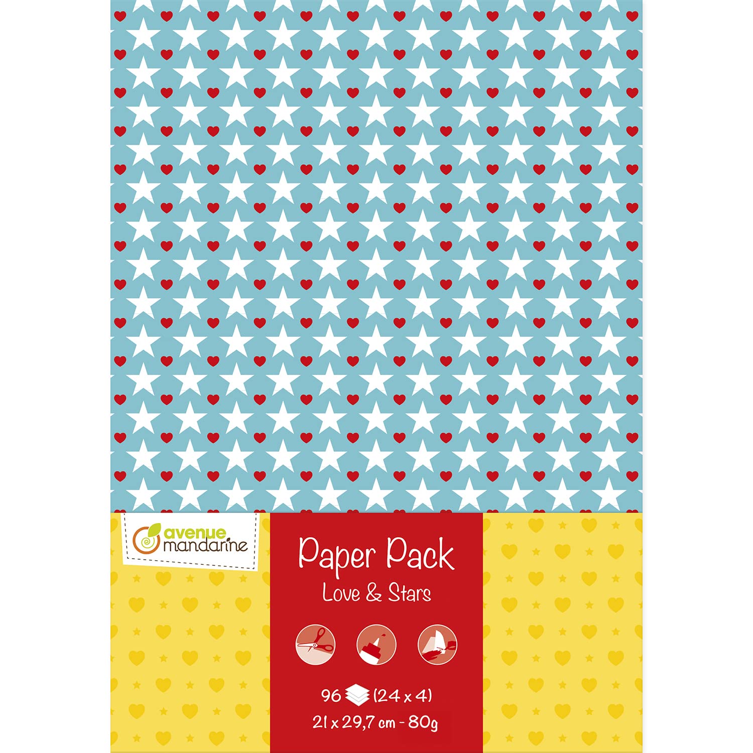 Avenue Mandarine CC057C, PAPER PACK, Package of 96 sheets of creative paper printed on both sides A4, LOVE & STARS