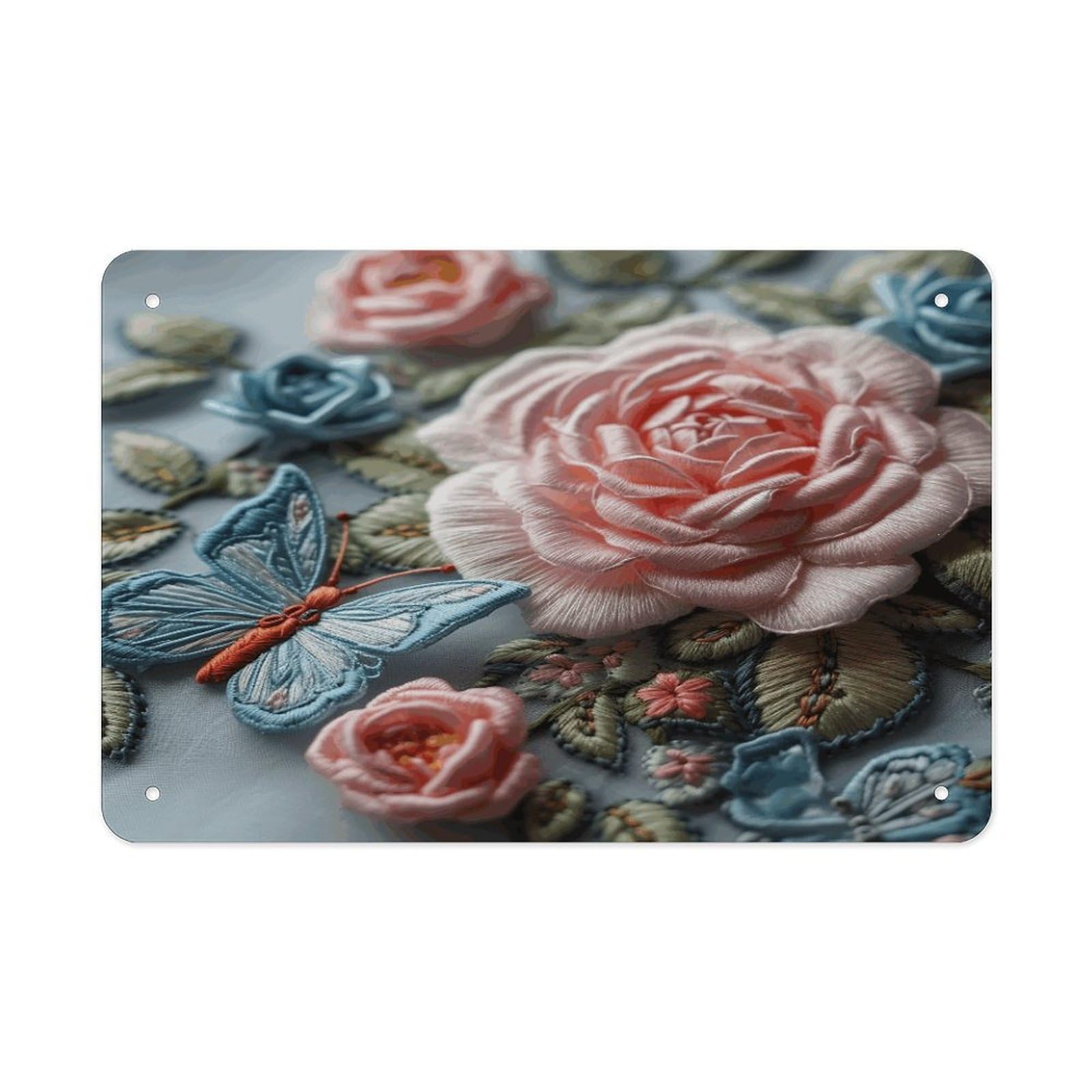 Fodpand Style Embroidered Pink Roses Wall Art Metal Signs Tin Sign