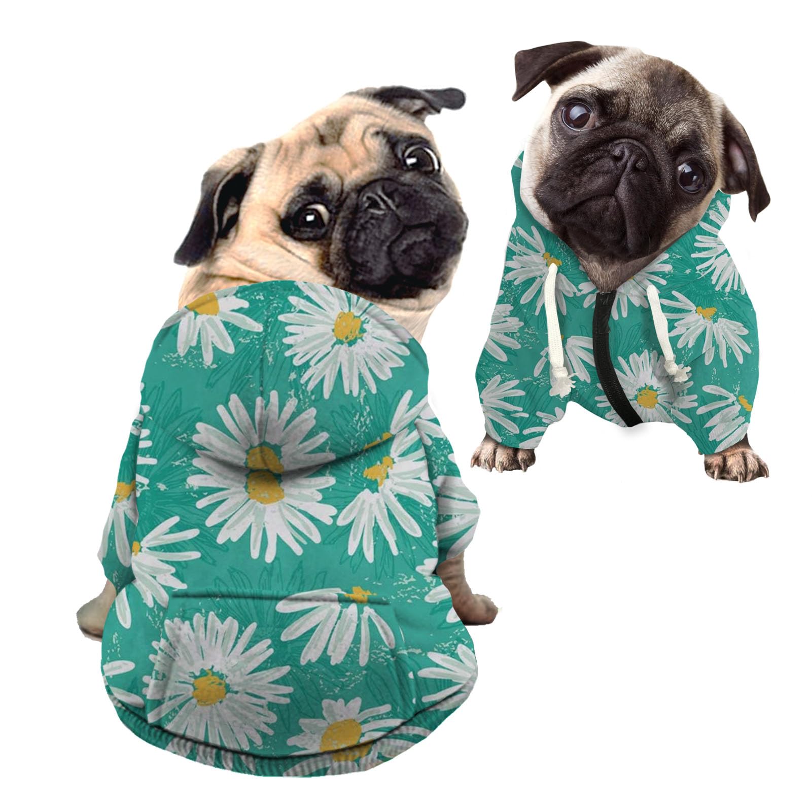 Kuiaobaty Daisy Flowers Small Dog Hoodie Breathable Zipper Dog Coat with Pocket, White Floral Puppy Hoodie Turquoise Soft Pet Clothes — image 1